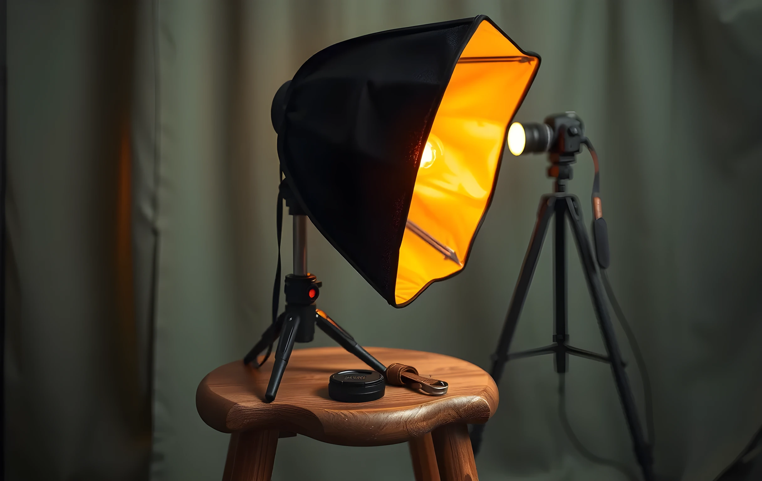 A tight detail shot of a photographer's lighting setup on a wooden stool, showing the textured fabric of a softbox diffuser glowing warm amber from an internal bulb, the metal hinge mechanism catching reflected light. In the softly blurred background, a camera body mounted on a tripod stands near a draped muslin backdrop in muted sage green, with a small lens cap and a leather strap resting on the stool surface beside the softbox