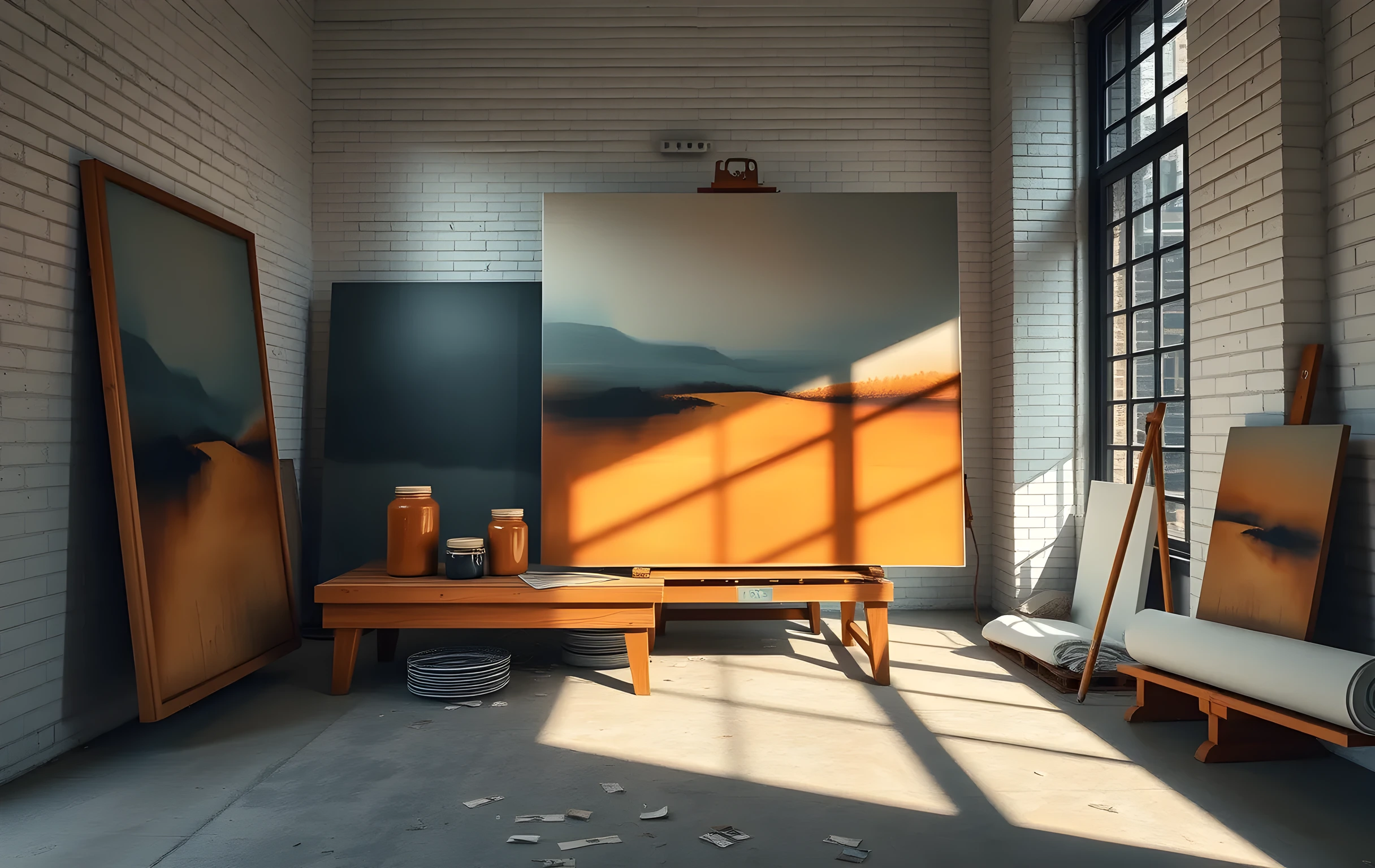 A wide interior view of a large painting studio in late afternoon: three oversized canvases lean against a white brick wall, a wooden easel holds a half-finished landscape in muted ochre and slate blue, jars of pigment and rags sit on a low oak workbench near a tall north-facing window, the floor is scattered with small paper swatches and a rolled canvas, soft directional light rakes across the scene from the left casting long warm shadows, no people visible, the space feels lived-in and quiet