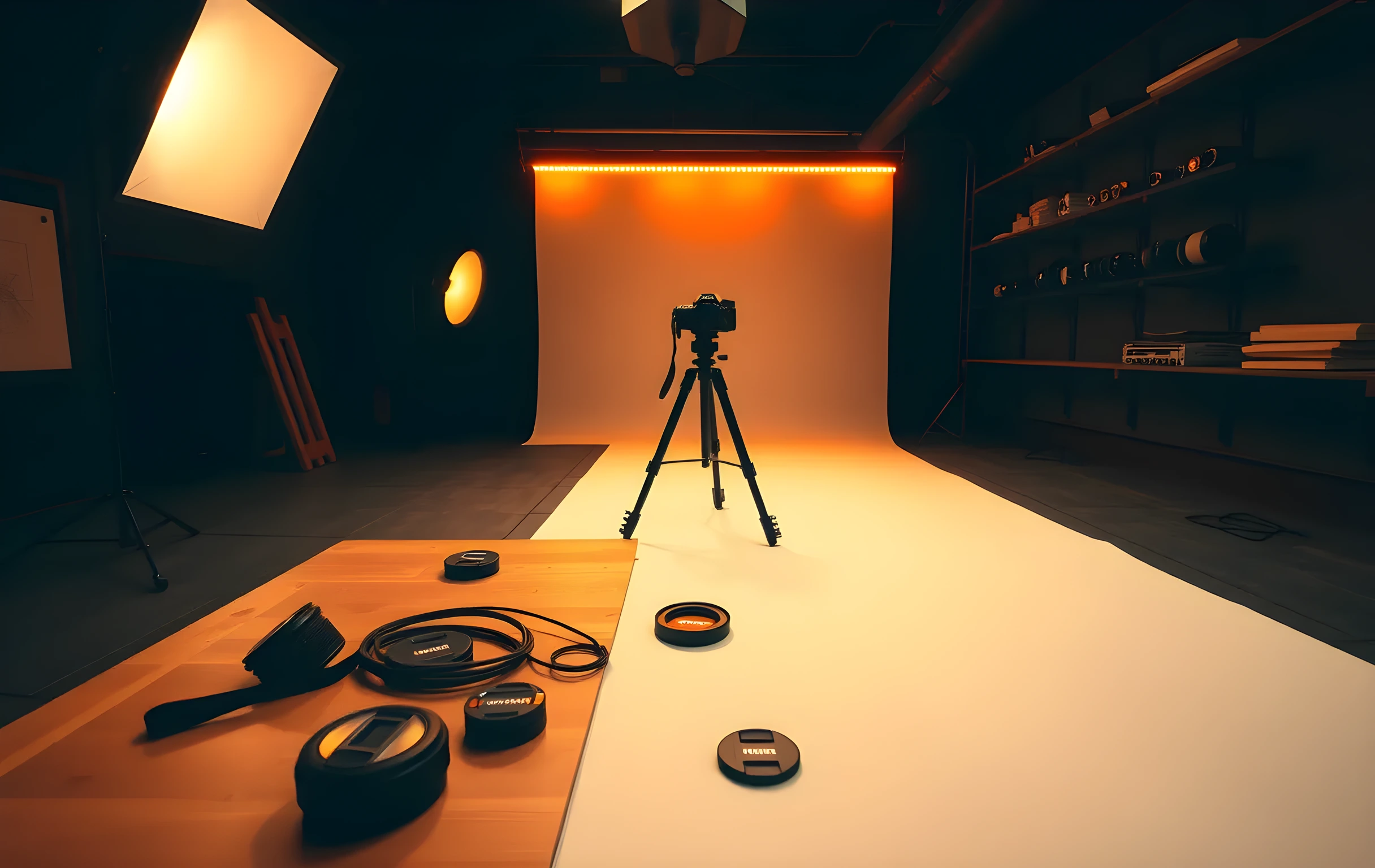 A wide-angle view of a large photography studio bathed in warm amber light from a softbox and a strip light. A full-frame camera sits on a tall tripod at center, aimed at a seamless paper sweep rolled to the right. In the mid-ground, a wooden workbench holds scattered lens caps, a coiled cable, and a small reflector disc. The far wall is lined with mounted lens tubes of varying lengths. The space feels active and recently used, with a faint haze in the air catching the light beams. No people, no text, no screens