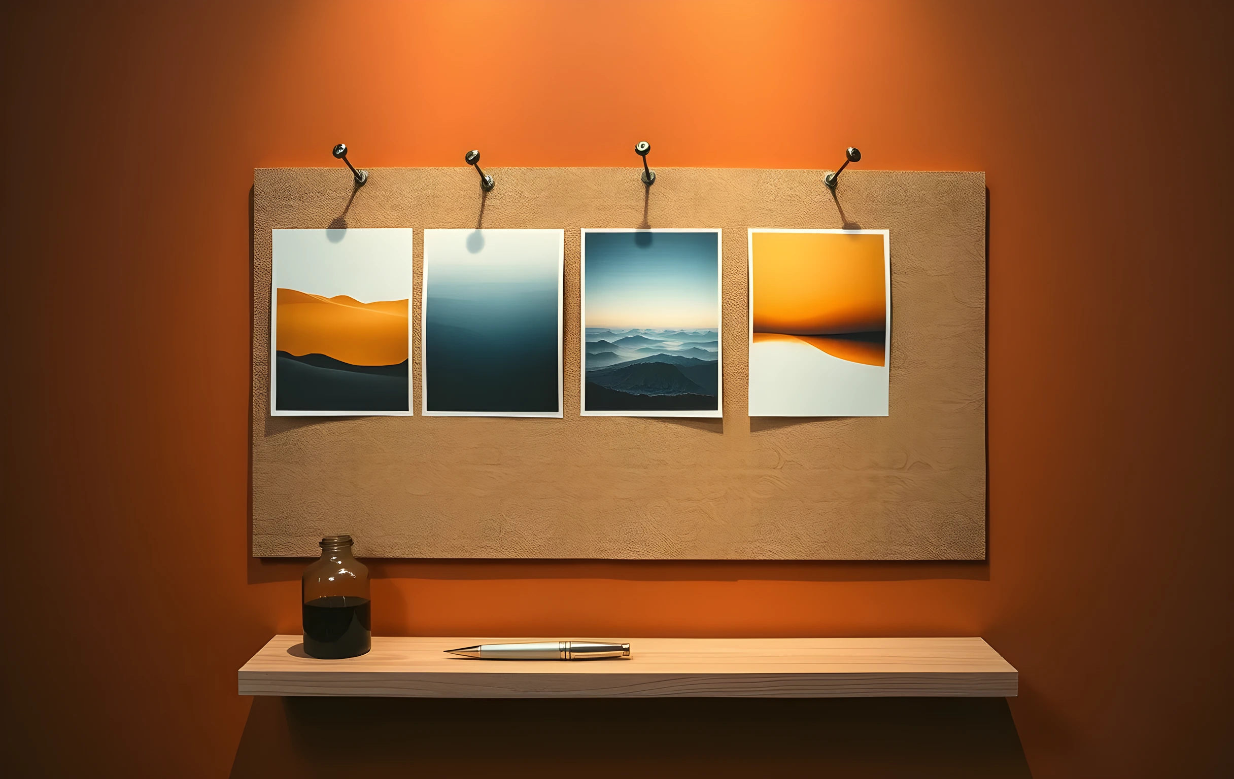 A medium shot of a corkboard on a gallery wall, pinned with brass tacks to a row of five printed photographs showing abstract color-field compositions in ochre, slate blue, and cream. A small glass bottle of iron-gall ink and a silver fountain pen rest on the narrow oak ledge beneath the board. Warm directional light from above casts soft shadows between the prints. The surrounding wall is painted a deep muted terracotta. No faces, no hands, no text visible in the frame