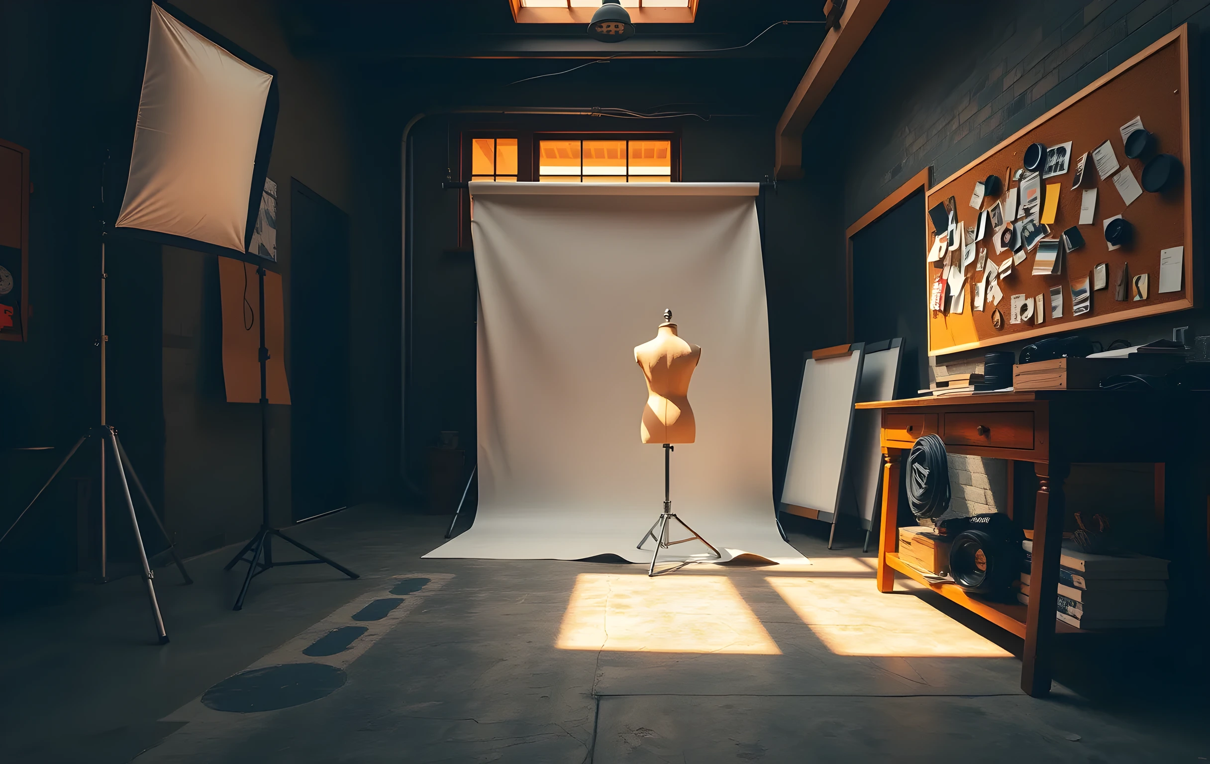 A wide-angle view of a sunlit photography studio at mid-morning: a tall softbox light stand stands beside a rolled-up seamless paper backdrop leaning against the wall, a medium-format camera on a tripod is aimed at an empty wooden mannequin torso, and a cork board covered in pinned contact sheets and small color swatches hangs above a workbench cluttered with lens caps and a coiled cable. Warm amber light pours through a high clerestory window, casting long shadows across the concrete floor. No people visible