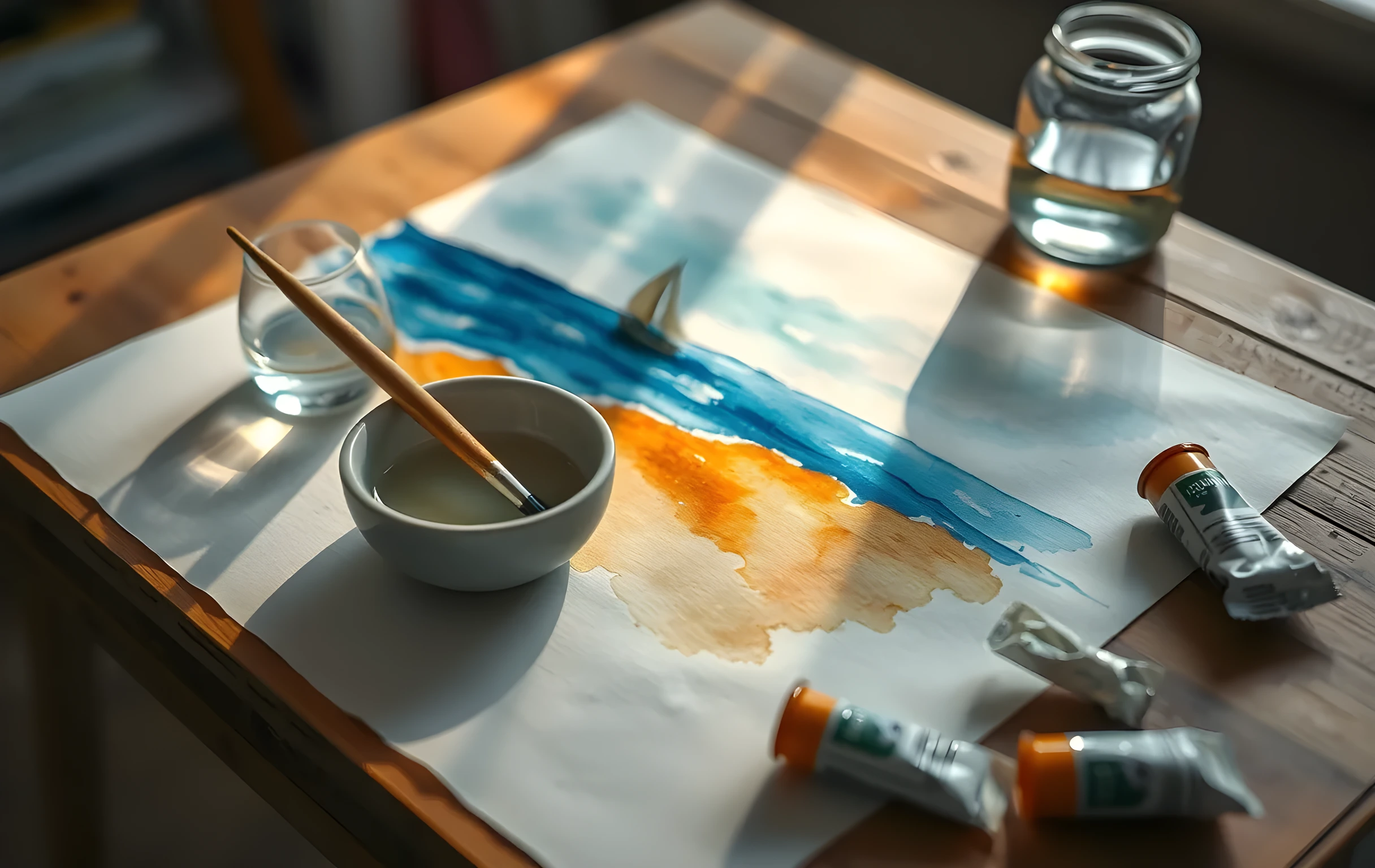 A slightly elevated close-up of a watercolor painting surface on a wooden drafting table: wet washes of cerulean, ochre, and titanium white form an unfinished coastal scene with a small sailboat, a round sable brush rests in a shallow ceramic well of diluted pigment beside the paper, a glass jar of clean water catches a slant of afternoon light, and two dried paint tubes lie crumpled at the edge of the frame. The surface texture of the cold-press paper is visible where the wash has settled. No hands or faces in view
