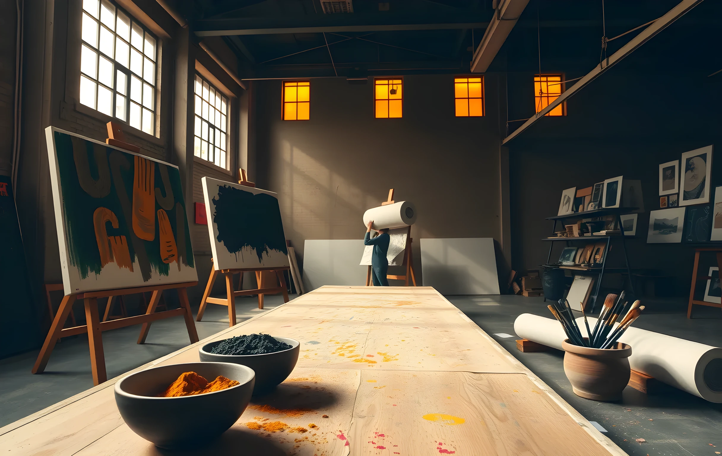 A spacious loft art studio bathed in warm late-afternoon light streaming through tall industrial windows. Three large canvases on wooden easels stand at different stages of completion, one showing bold gestural brushwork, another a layered abstract composition. A long workbench holds ceramic bowls filled with dried pigment powders in ochre, burnt sienna, and deep indigo, alongside bundles of flat brushes resting in a clay cup. In the far background, a small figure adjusts a roll of canvas on a high rack near a wall where framed prints hang in a dense cluster. Dust motes float visibly in the light beams. The scene is wide, quiet, and richly textured with paint-splattered surfaces