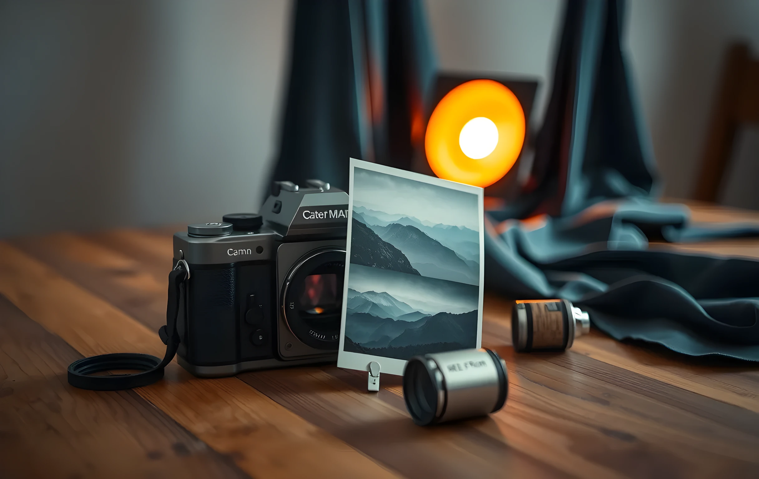 A close arrangement on a worn wooden drafting table: a medium-format film camera body with its lens removed, three printed landscape photographs stacked slightly askew showing misty mountain ridgelines, a roll of unexposed film in its metal canister, and a small warm LED panel angled to cast a soft amber glow across the surfaces. A length of dark silk fabric hangs blurred in the background, catching a faint reflection of the light. Shallow depth of field keeps the camera body and top photograph sharp while the silk and table edges dissolve into soft bokeh. The palette is warm umber, cream, and deep teal