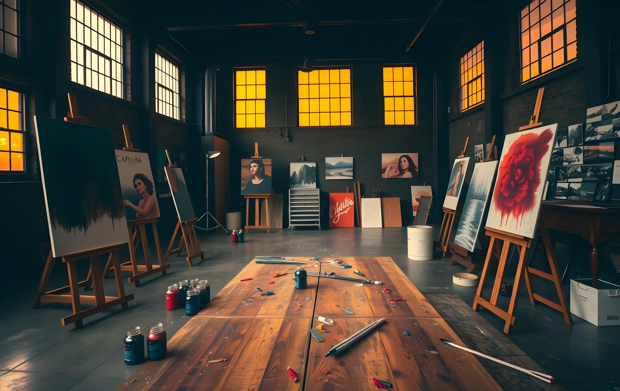 A vast art studio at golden hour with six large canvases on wooden easels in various stages of oil painting, jars of cadmium red and ultramarine pigment scattered across a heavy oak workbench, a single photographer's light stand with a softbox set up near the far wall, pinned reference photography covering one gallery wall, tall industrial windows flooding the space with warm amber light, no people visible, wide environmental shot emphasizing scale and creative clutter