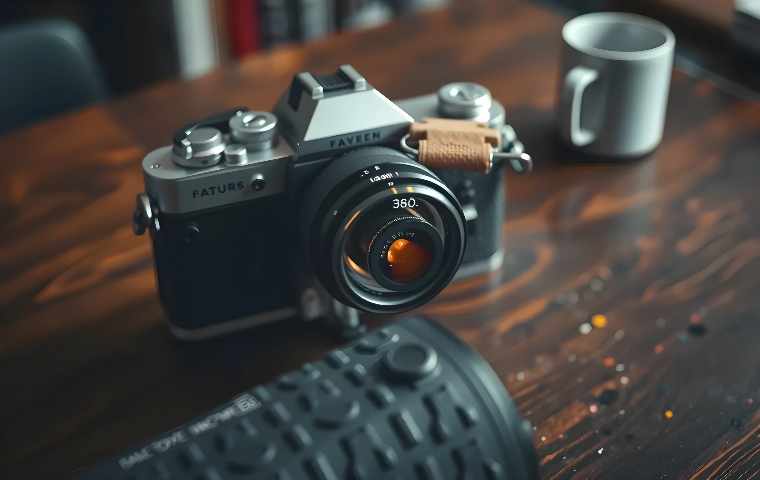 A shallow depth-of-field close-up of a brushed aluminum camera body resting on a dark walnut drafting table, its lens cap off revealing stacked glass elements catching a warm tungsten reflection, a single rolled 35mm film negative hanging from a small brass clip on a horizontal metal rail just behind the camera, rubber grip texture in sharp focus in the foreground, soft bokeh of scattered pigment smudges and a ceramic water cup in the blurred background, no text or screens visible