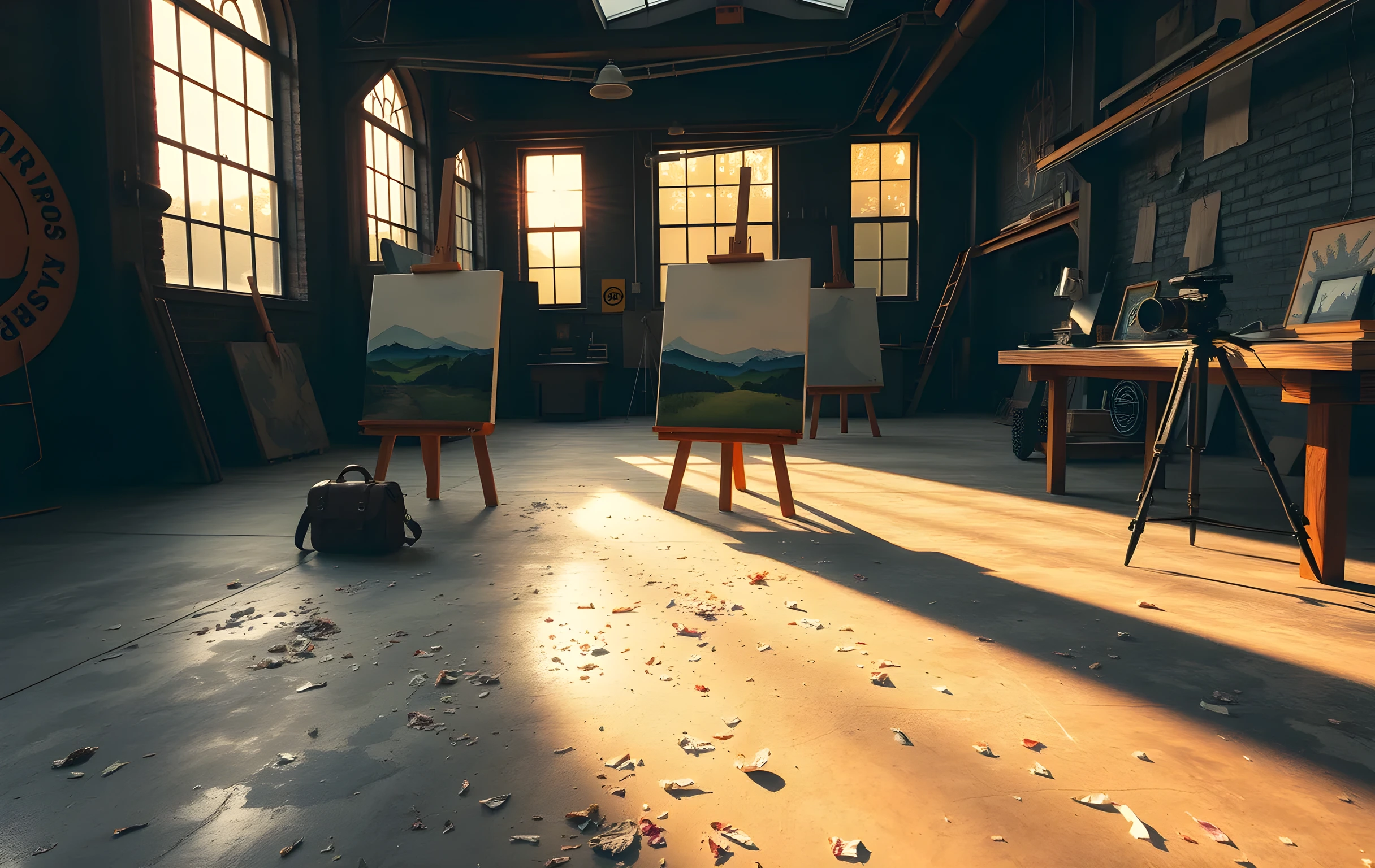 A sunlit art studio at golden hour, tall industrial windows casting long warm light across a concrete floor scattered with dried paint flakes and crumpled paper. Three large canvas easels stand in a loose row near the center, one turned slightly to reveal a half-finished landscape with broad gestural strokes. A leather camera bag and a carbon-fiber tripod lean against a heavy wooden workbench along the far wall. The room feels lived-in, mid-session, quiet, with the dust motes visible in the light shafts