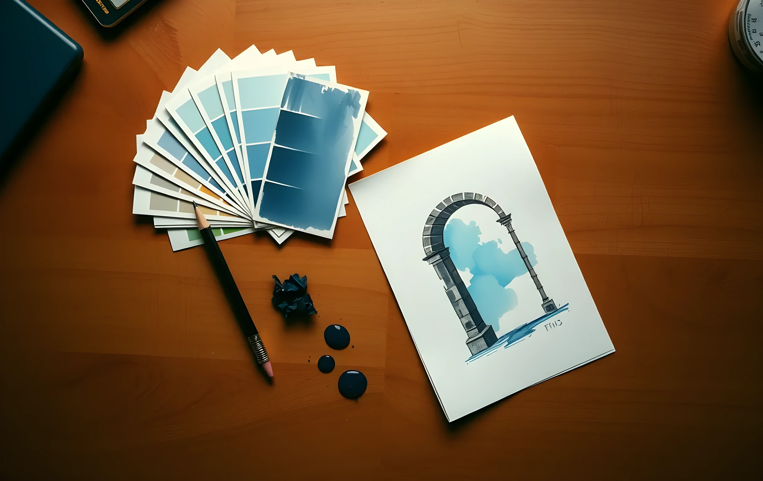 A drafting table surface viewed from above at a slight angle, covered in the residue of a working session: a mechanical pencil balanced on its side, a small fanned-out set of translucent color swatches, a partially completed watercolor sketch of a curved architectural arch with visible brushstroke texture, and a few drops of dried blue pigment. The warm wood grain of the table is visible beneath everything, lit by a single focused source from the upper left