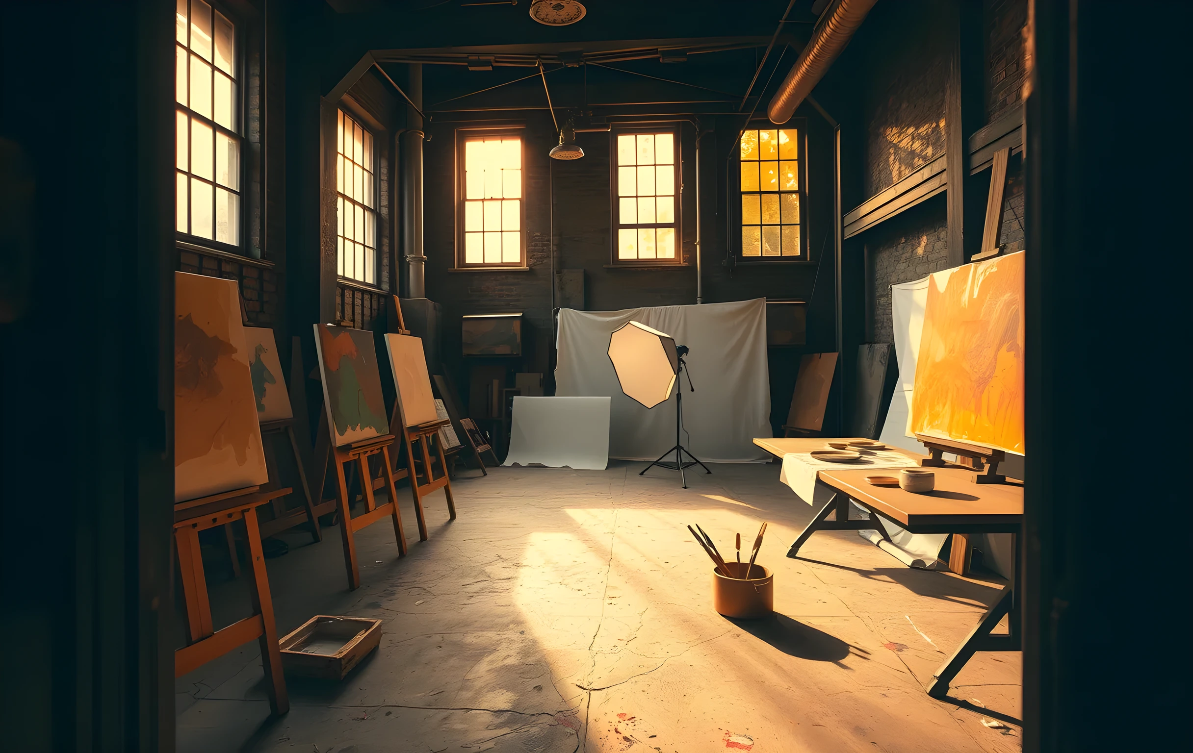 A spacious art studio bathed in late-afternoon golden light streaming through tall industrial windows. Multiple wooden easels hold canvases at various stages, one with broad gestural strokes of ochre and umber, another nearly blank with a thin underpainting. A long worktable holds squeezed tubes of pigment, round brushes standing in a ceramic cup, and small mixing palettes. In the far corner a photography light stand with a softbox is set up beside a rolled white muslin backdrop. The floor is worn concrete with scattered paint splatters. Wide environmental shot, no people visible