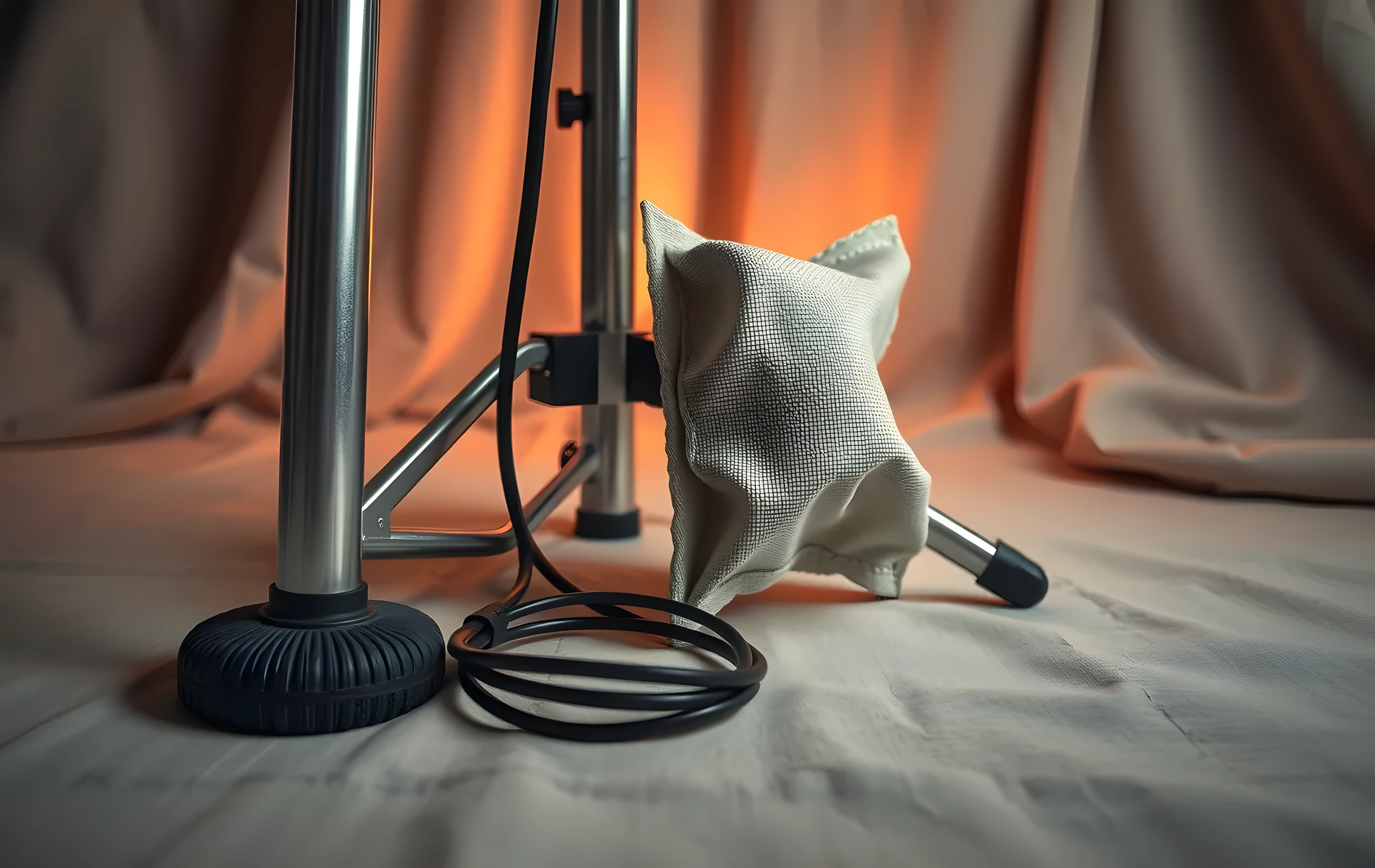 A tight detail view of a photographer kit resting on a canvas drop cloth: the ribbed metal legs of a light stand with rubber feet, a coiled black power cable, a small rectangular diffuser panel with its woven fabric slightly rumpled. In the soft-focus background the warm amber glow spills from an open softbox onto a draped linen backdrop. The composition emphasizes textures of brushed aluminum, coarse canvas thread, and matte rubber. No text, no faces, no screens
