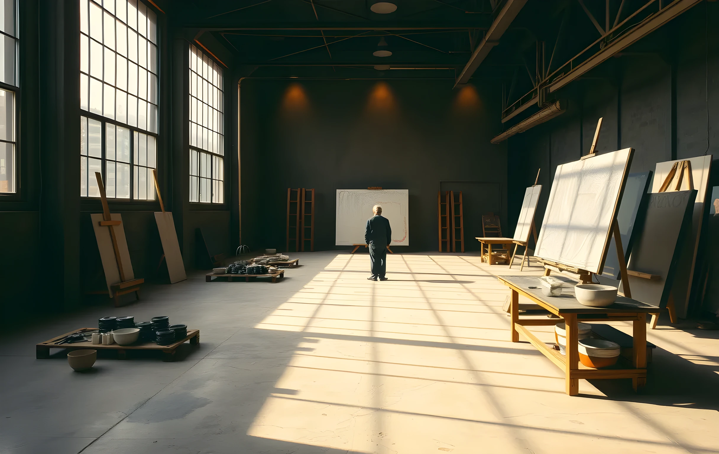 A wide view of a large sunlit artist studio with tall industrial windows on the left wall, three oversized canvases propped on wooden easels at varying angles across the room, a long workbench in the mid-ground cluttered with squeezed tubes of pigment and ceramic mixing bowls, warm afternoon light raking across bare concrete floors, a single figure standing at the far end facing a canvas, medium distance, no faces visible, no text or signage anywhere