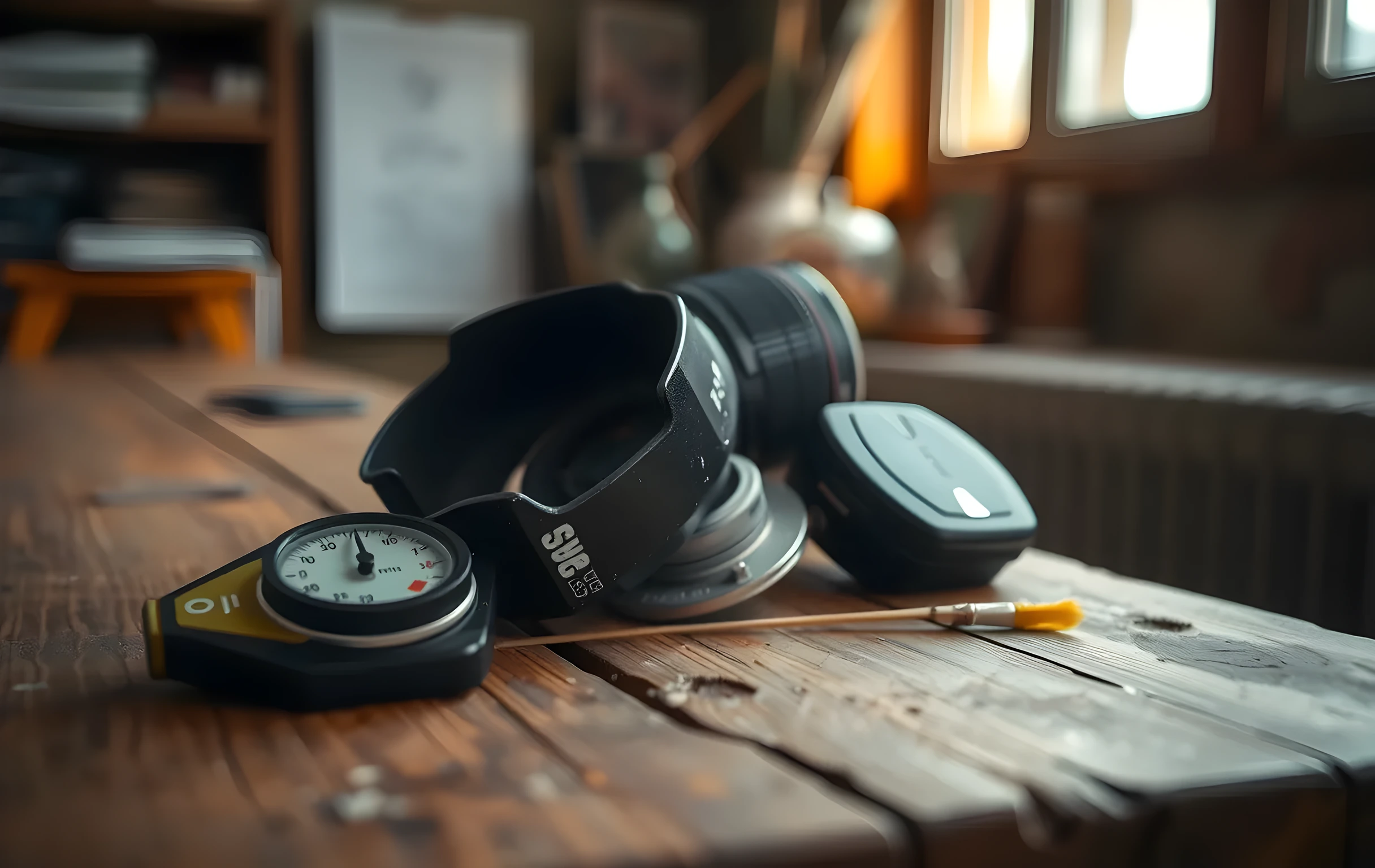 A close detail shot on a weathered oak drafting table: a large prime camera lens resting on its side next to a partially unspooled roll of black-and-white film, a small brass light meter with a cracked dial, and a few dried brush strokes of cadmium yellow paint near the edge of the frame, shallow depth of field with soft warm window light from the right, no people, no text, no screens