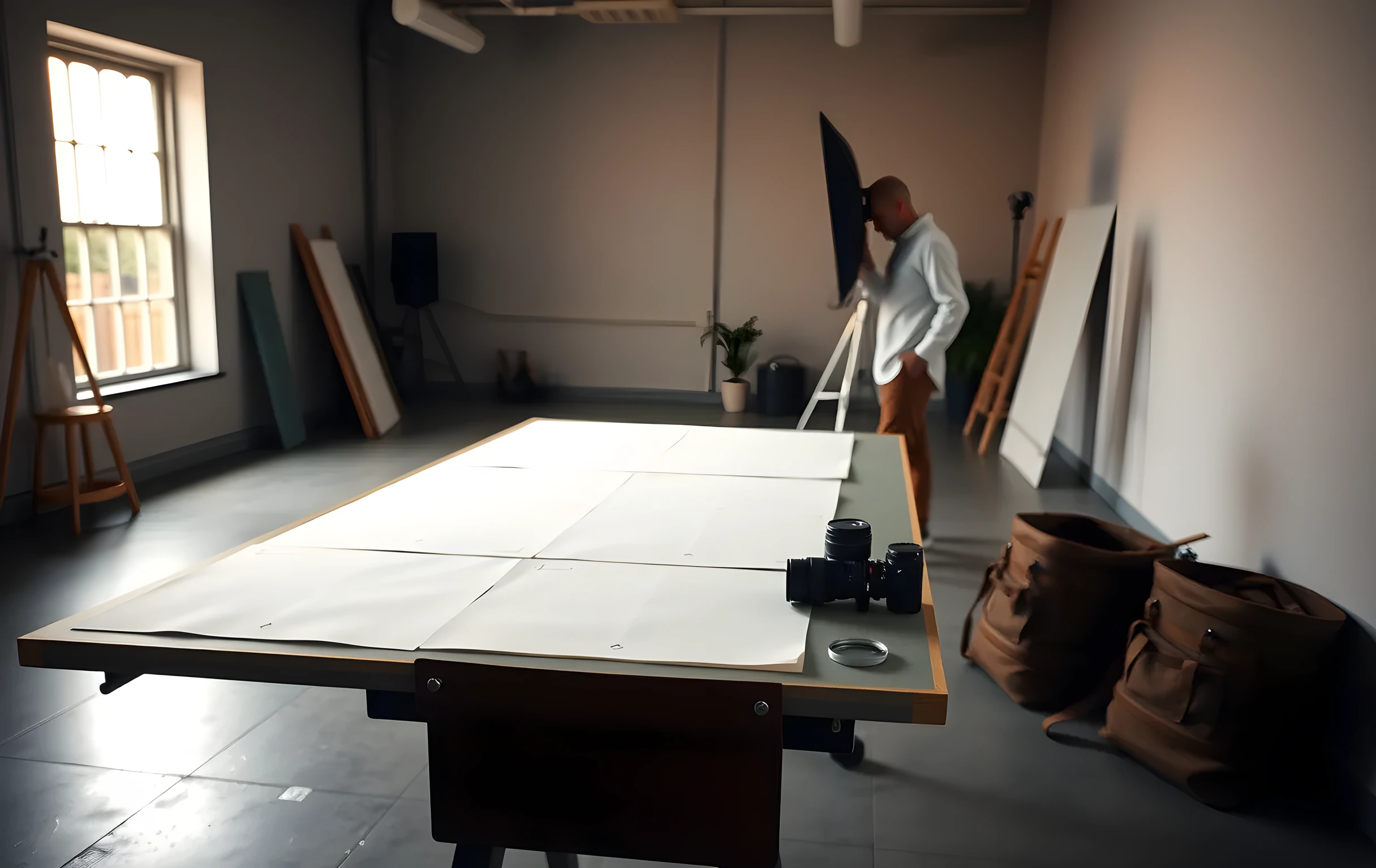 An expansive photography studio bathed in morning light, where a creator stands near the back wall adjusting a tall light stand beside a row of exposed contact sheets laid across a drafting table. The space feels open and uncluttered, with camera lenses resting on leather cases and a large window framing soft directional illumination