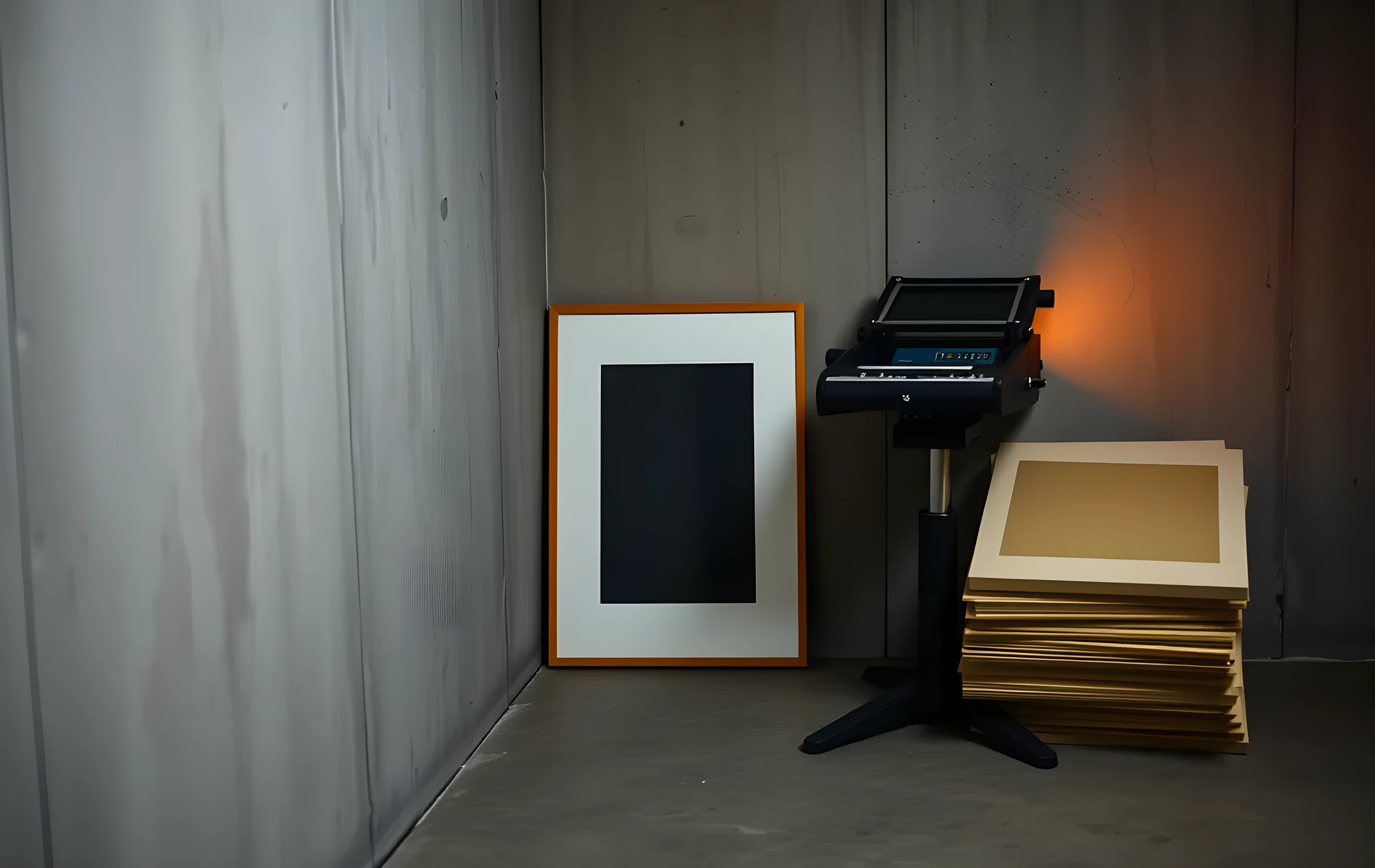 A quiet gallery corner focused on a single mounted photograph leaning against a concrete wall, flanked by a vintage enlarger and a stack of unframed matte boards. The composition emphasizes texture and scale, showing how physical print production supports digital distribution without cluttering the frame