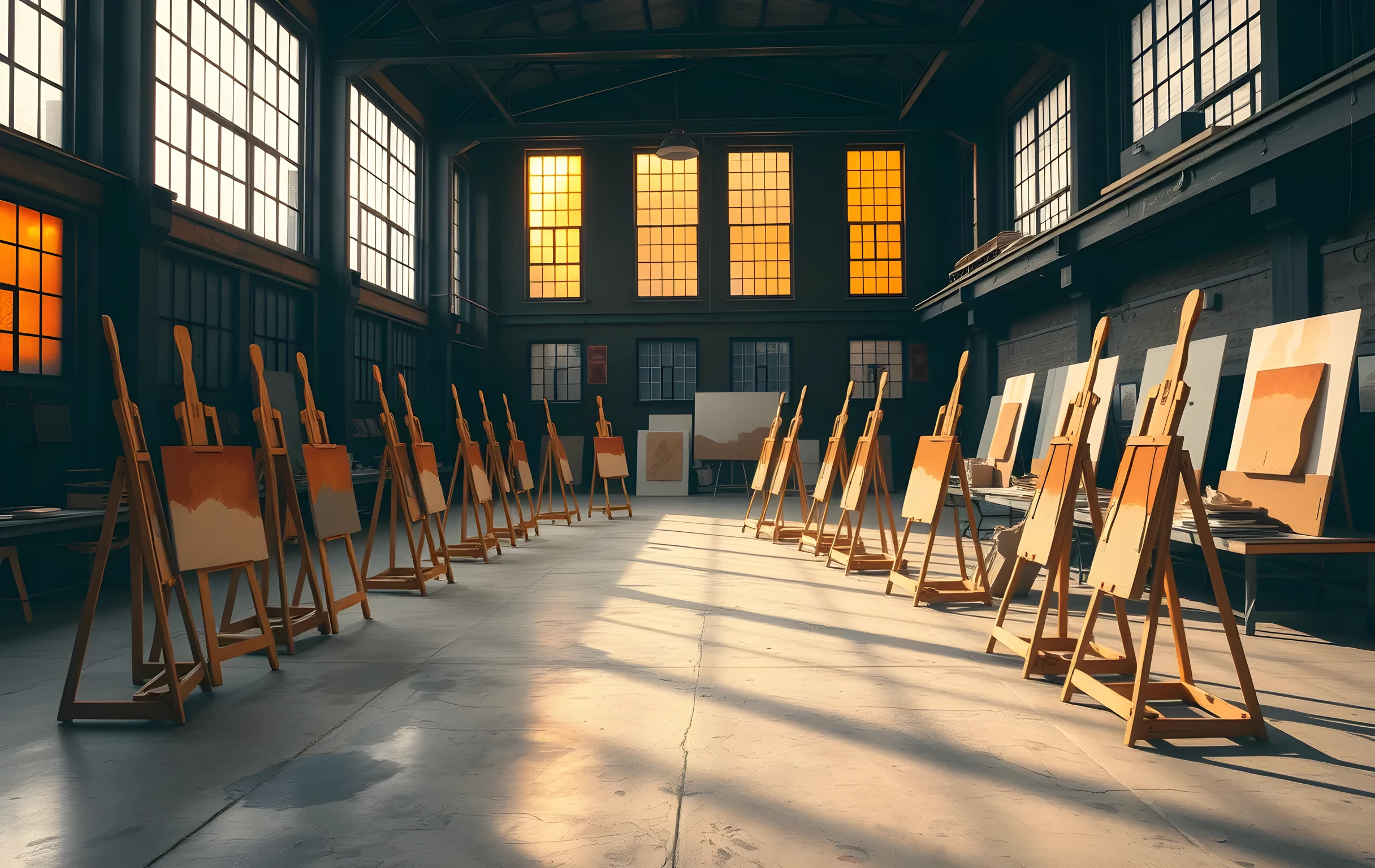 A wide interior view of a large industrial art studio bathed in warm late-afternoon light streaming through tall steel-framed windows. Multiple wooden easels stand at various angles across the concrete floor, some holding half-finished canvases with visible brushwork in ochre and sienna tones, others empty. Jars of dried pigments and crumpled paper swatches cluster on a long workbench along one wall. The space feels actively used, slightly cluttered, alive with the residue of daily painting. No people visible
