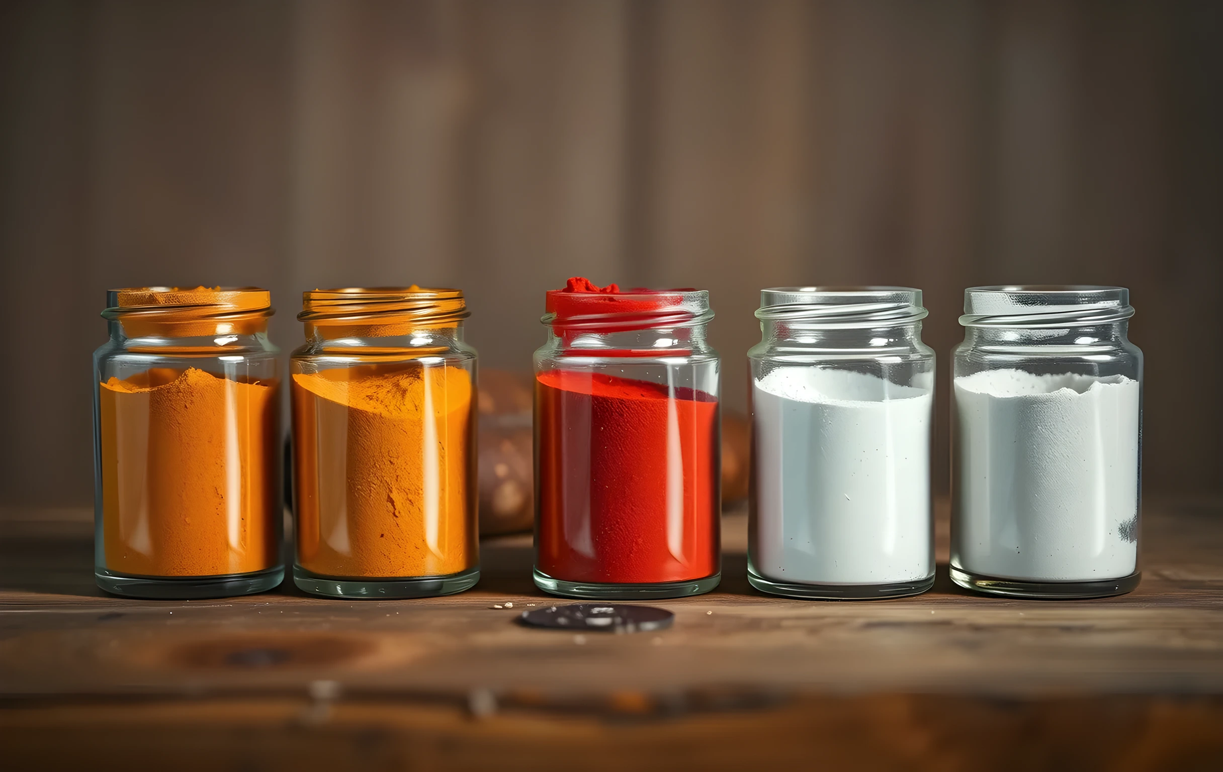 A tight detail shot of a row of six small glass apothecary jars sitting closely together on a worn oak workbench surface. Each jar contains a different dried pigment powder in distinct hues: burnt umber, raw sienna, cadmium yellow, ultramarine, alizarin crimson, and titanium white. Soft directional light from the left casts long narrow shadows between the jars, highlighting the fine texture of the powders and the slight condensation on the glass rims. Shallow depth of field blurs the background into a warm neutral wash