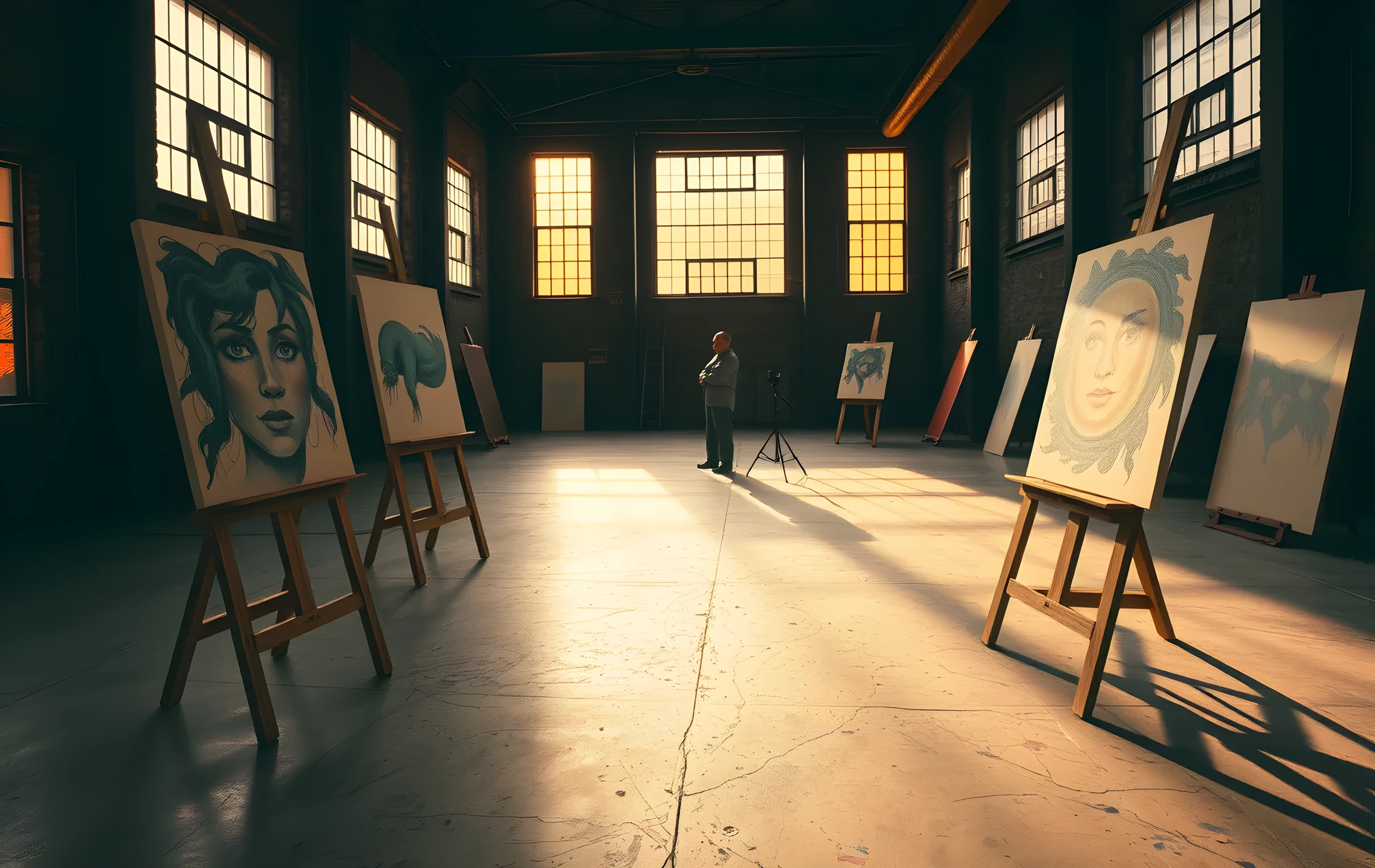 A wide view of a sunlit art studio at the far end of a long converted warehouse space, three large wooden easels holding half-finished canvases with visible brushwork, paint-splattered concrete floor, tall industrial windows casting warm golden light across the room, a camera tripod and softbox stand visible in the background corner, one small figure standing far away near the windows looking at a canvas, no text anywhere