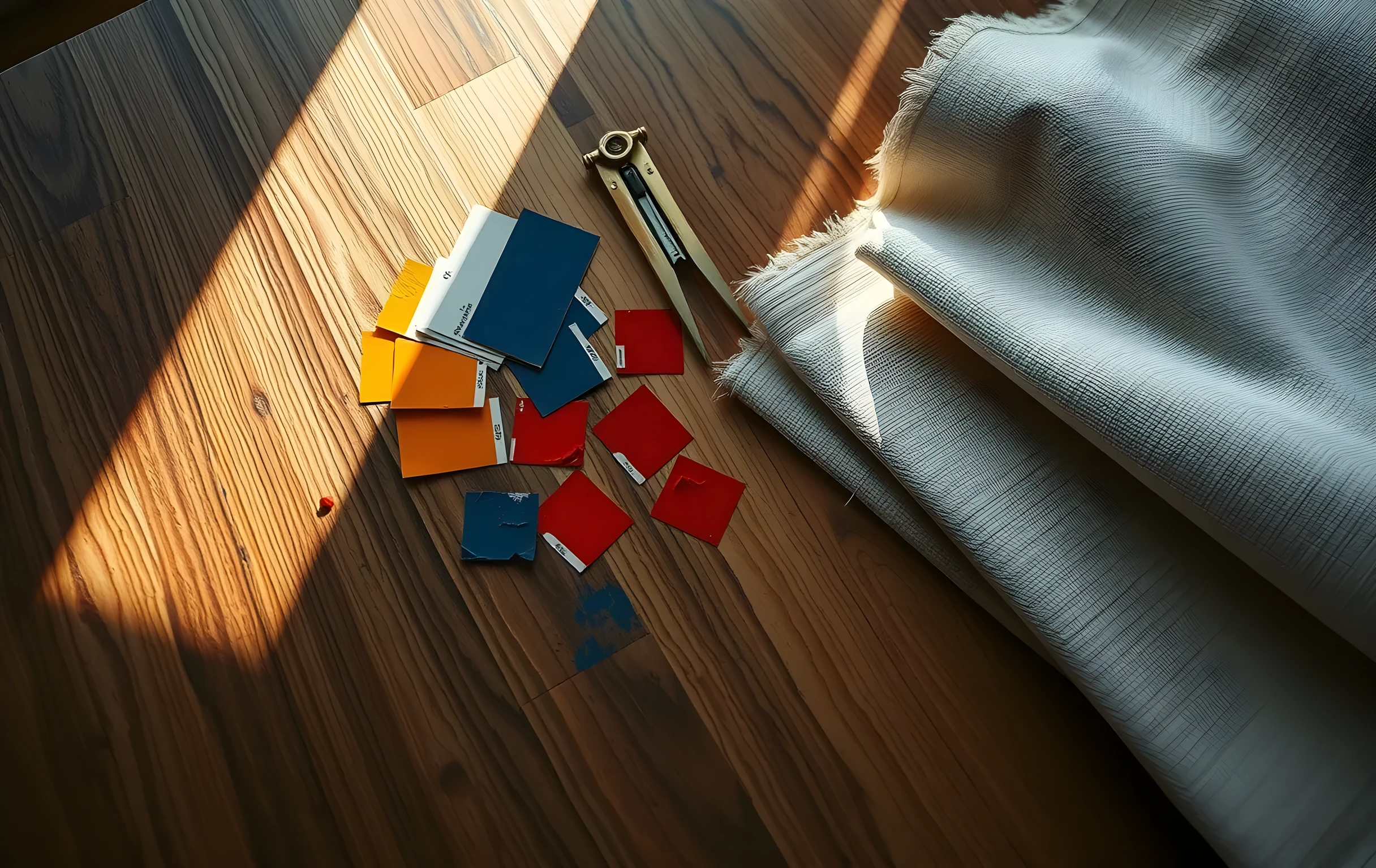 A close-angle view of a weathered oak drafting table surface seen from above at a slight angle, scattered pigment swatch cards in deep ochre, ultramarine, and cadmium red fanned across the wood grain, a brass drafting compass resting beside a partially unrolled sheet of textured canvas, warm raking afternoon light from the left casting long soft shadows across the surface, no text or letters visible