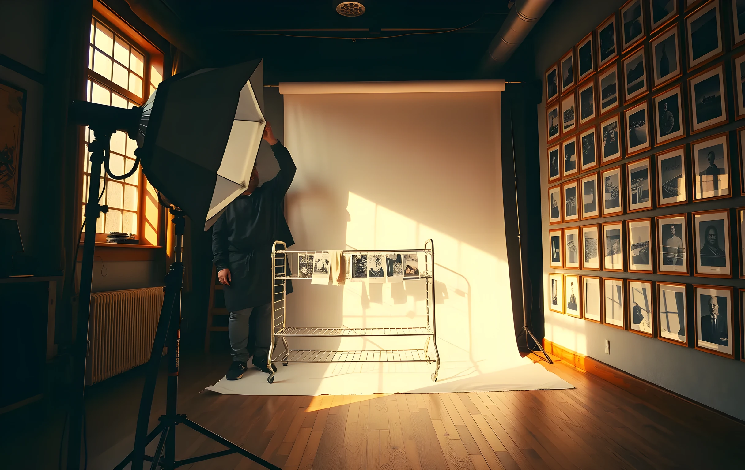 A wide-angle view of a sunlit film photography studio: a large octagonal softbox mounted on a tall chrome light stand, a medium-format camera on a tripod aimed at a seamless white backdrop, a metal drying rack with hanging color negatives backlit by afternoon window light, and a wall of mounted color prints in thin wooden frames arranged in a loose grid. A single figure in a dark canvas apron stands far in the background near the light stand, reaching up to adjust its height. Warm natural light fills the room from the left