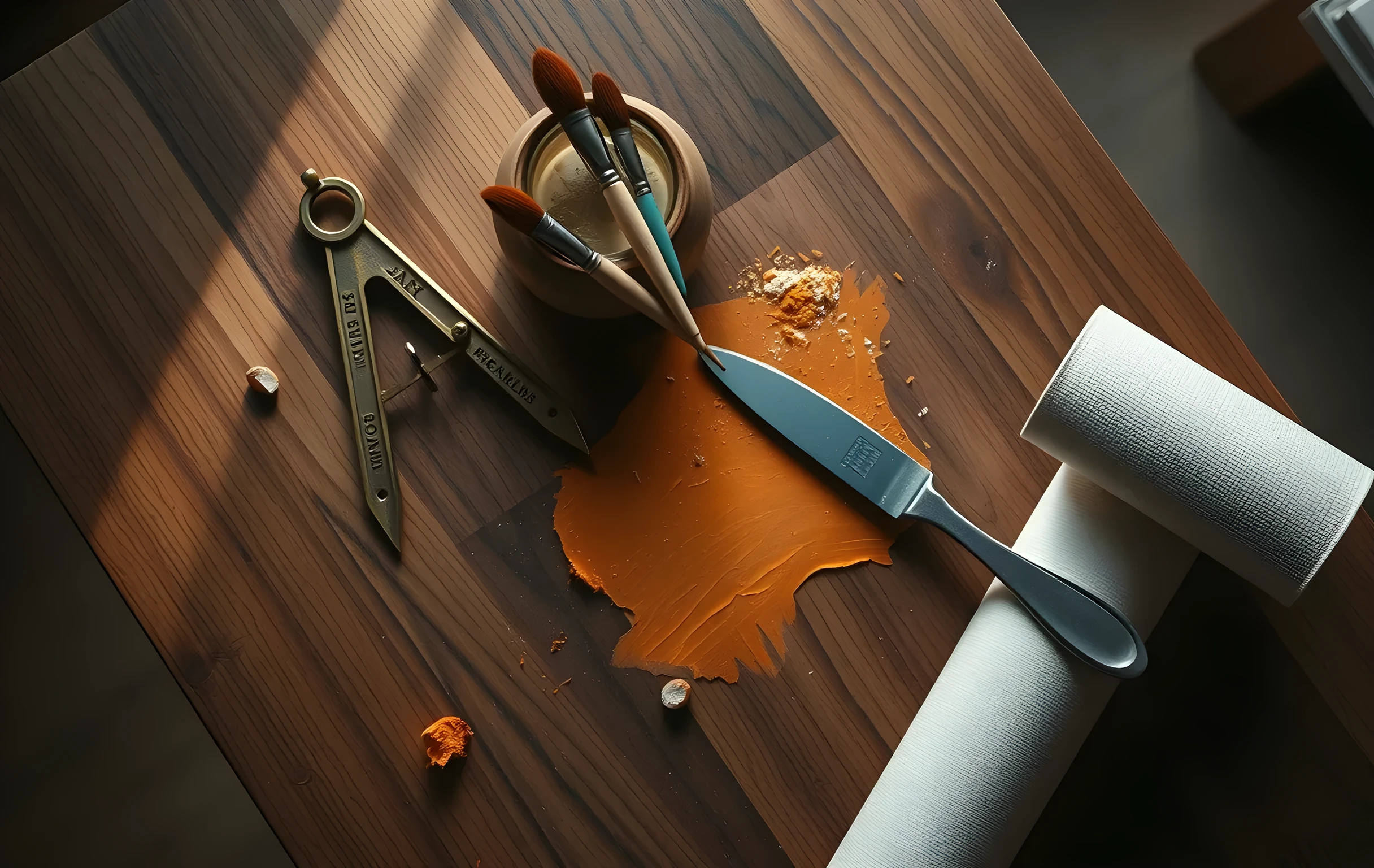 A tight overhead view of a well-worn walnut workbench surface: an open brass drafting compass with splayed legs, a small ceramic jar holding three short brush handles tipped with dried pigment in ochre and deep blue, a flat palette knife resting across a broad smear of mixed paint, and the rolled edge of a primed canvas leaning against the bench leg. Warm raking light from the upper left casts long soft shadows across the wood grain