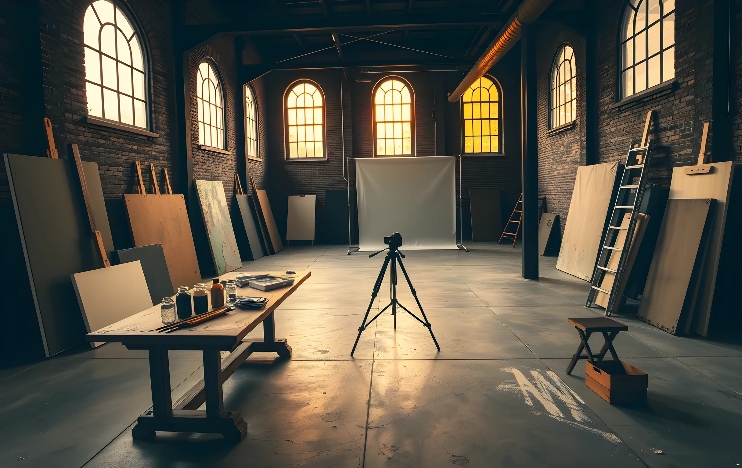 A spacious industrial art studio bathed in late golden-hour light streaming through tall arched windows. Multiple stretched canvases lean against exposed brick walls at various angles, small glass jars of pigment and a bundle of worn brushes cluster on a long scarred wooden workbench, a three-legged camera stand holds a medium-format body near the center of the room, and a rolled-up muslin backdrop hangs from an overhead steel rail. Scattered chalk marks on the concrete floor, a ladder in the far corner, the whole space feeling lived-in and slightly chaotic with creative residue. Shot from a wide mid-distance, no people visible