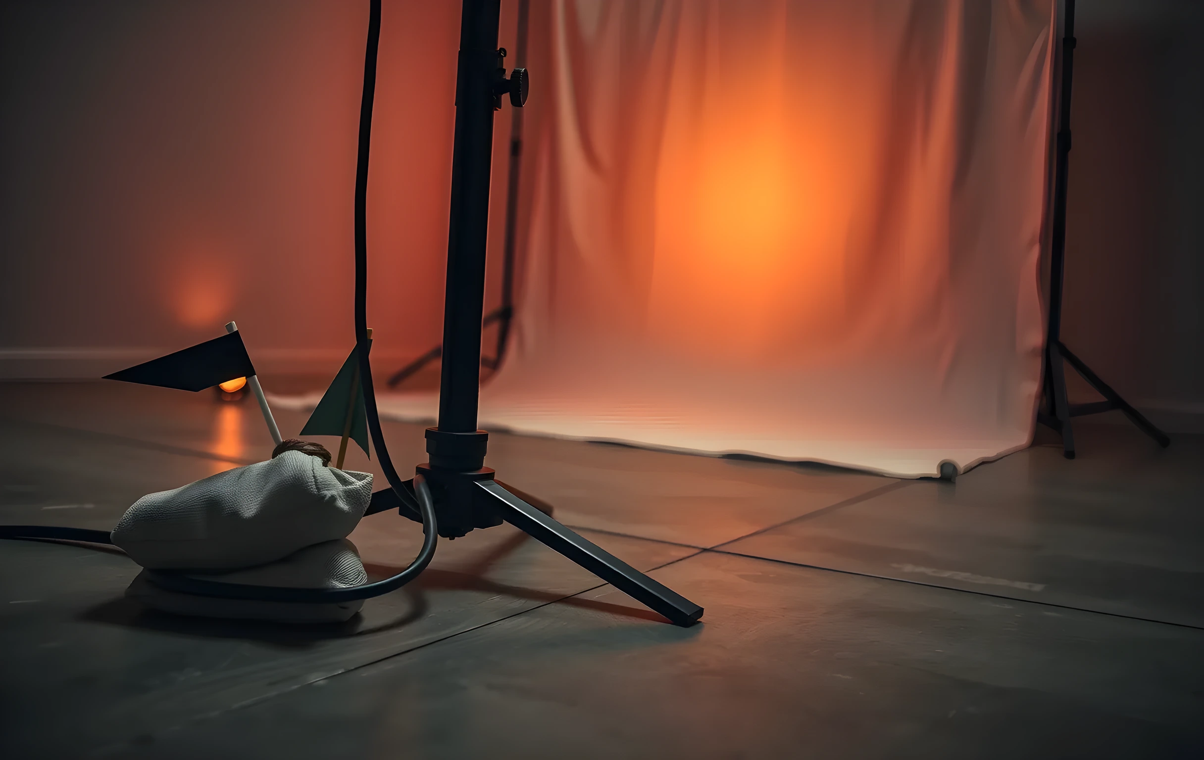 A low-angle close view of a photographer's lighting setup on a polished concrete studio floor: the weighted base of a light stand with canvas sandbags, a thick coiled power cable snaking across the ground, a small triangular metal flag and a translucent diffusion panel propped against the stand's leg, gaffer tape strips marking positions on the floor, and in soft warm focus behind them the taut edge of a muslin backdrop stretched across its frame. Amber tungsten glow from an off-frame source casts long dramatic shadows. No people, no text, no screens