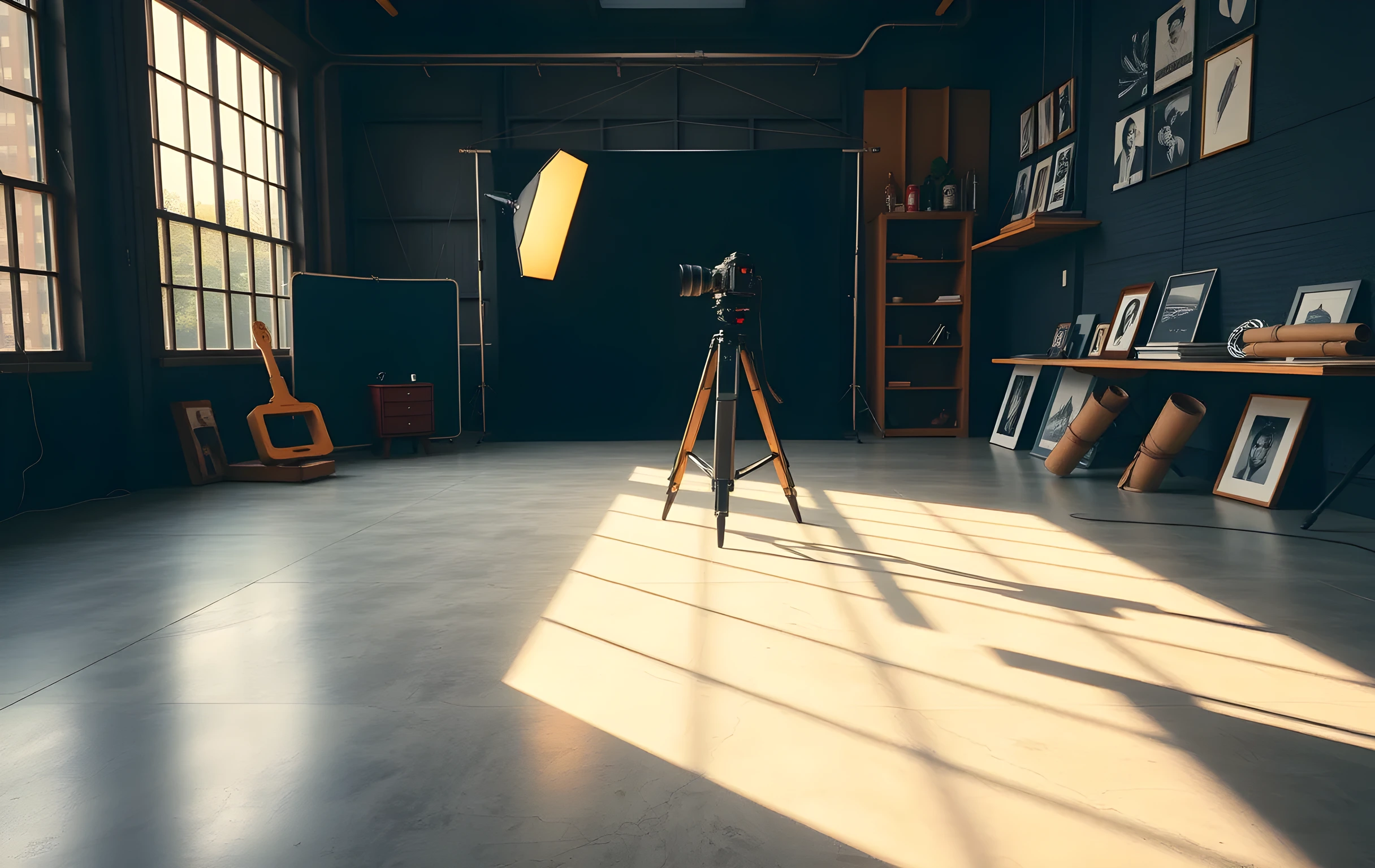 A wide interior shot of a sunlit photography studio with tall industrial windows casting long warm light pools across a polished concrete floor, a large-format view camera mounted on a heavy wooden tripod at center, two softbox light stands angled toward a deep indigo paper backdrop that drapes to the floor, rolls of film stock and a leather tool roll resting on a pegboard wall in the background, a few framed prints leaning against a low shelf, the space feeling actively used with creative tools scattered naturally, no people present, medium-wide framing