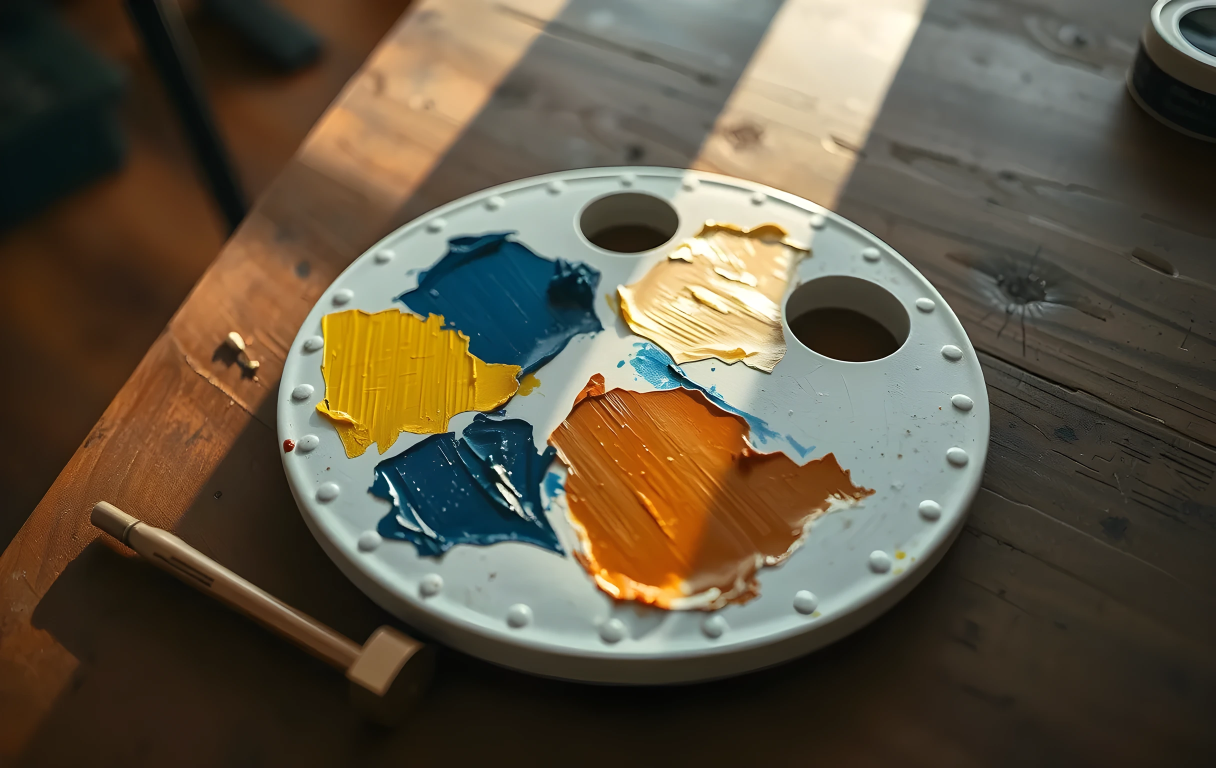 A close detail shot of a round ceramic mixing palette sitting on a worn walnut drafting table, thick textured dabs of cadmium yellow, ultramarine blue, and raw umber paint smeared across its surface in overlapping strokes, a few short charcoal sticks and a small brass ruler lying beside the palette, warm late-afternoon light raking across the scene to catch the ridged texture of the dried paint, shallow depth of field with the background softly blurred into warm amber tones, no hands or faces visible