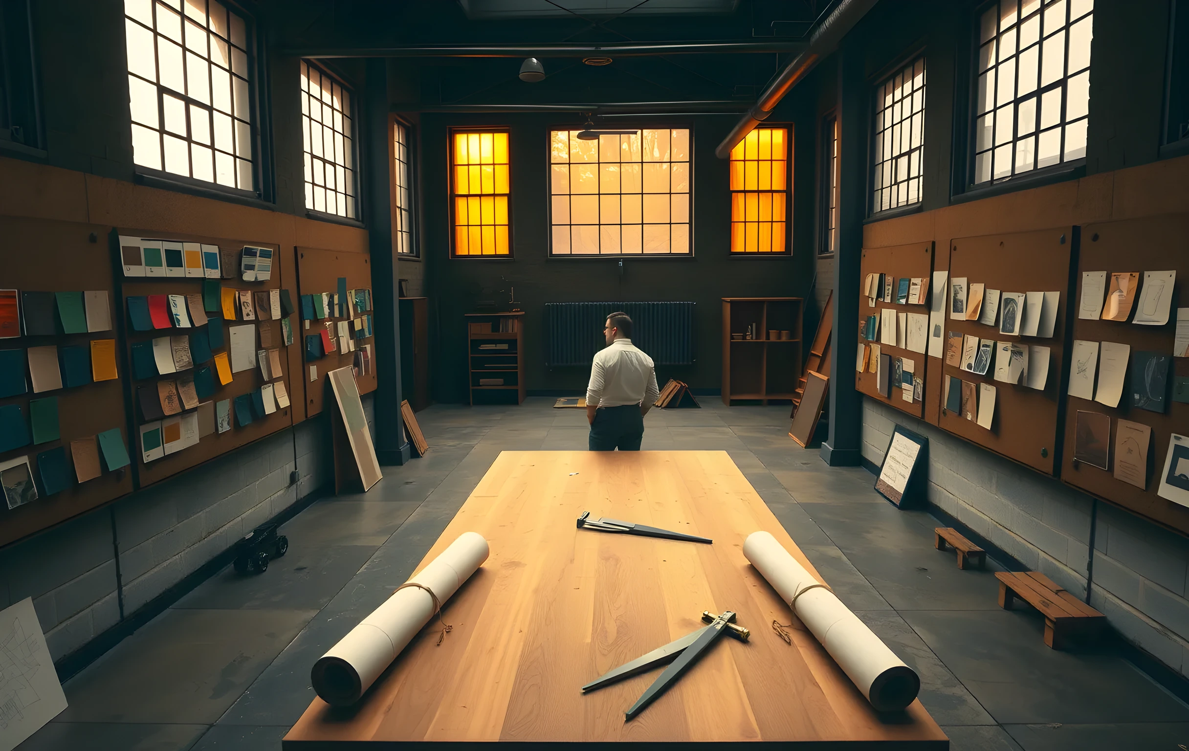 A spacious design studio bathed in warm late-afternoon light from tall industrial windows, large cork pinboards on the walls covered in fabric swatches, painted color samples, and pinned paper sketches, a wide oak drafting table at center with rolled parchment rolls tied with waxed cord and a brass drafting compass, a single figure seen from behind at medium distance studying the boards, no screens, no text, no signage