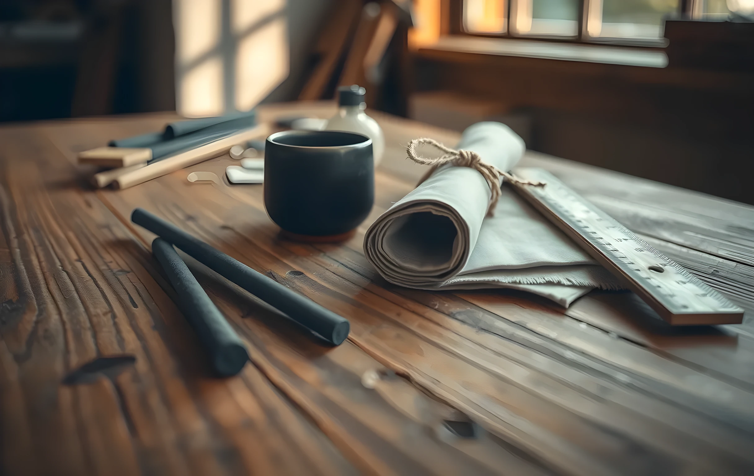 A close view of a worn wooden workbench surface where scattered items include a small ceramic glaze cup in deep indigo, three charcoal sticks of varying length, a folded linen swatch in burnt sienna, a rolled paper sketch tied with twine, and a brass ruler resting at an angle, warm directional side-light from an off-frame window casting long soft shadows across the wood grain, no hands, no faces, no text