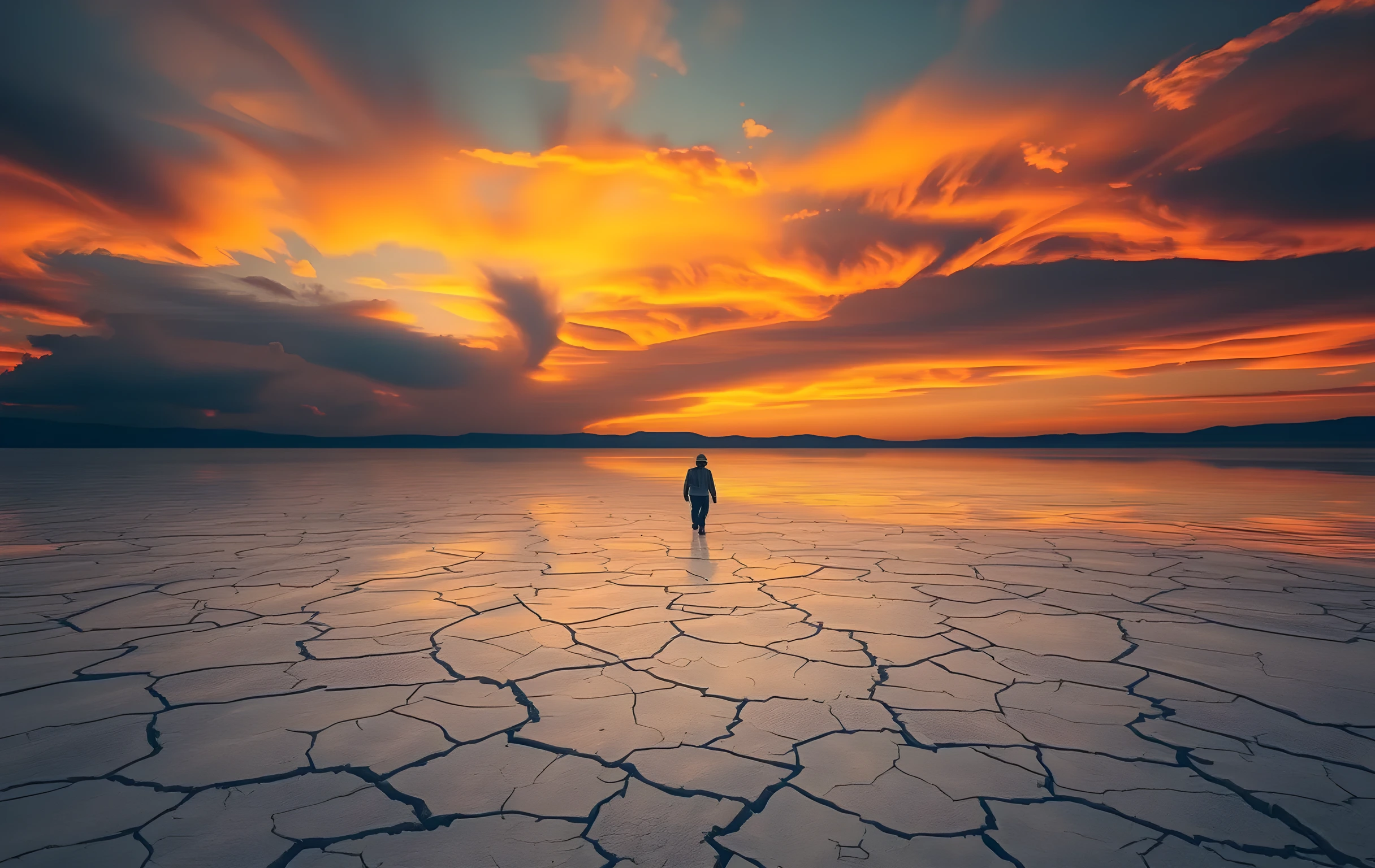 A vast cracked-earth salt flat stretching to a very low horizon under a sky of layered amber and deep violet clouds at first light. A single small human figure walks away from camera near the far waterline, where the still surface mirrors the entire sky so ground and heaven merge into one continuous field of warm color. The composition is extremely wide; the figure is no larger than a thumbprint in the frame, emphasizing scale, solitude, and the feeling of standing at the edge of something vast