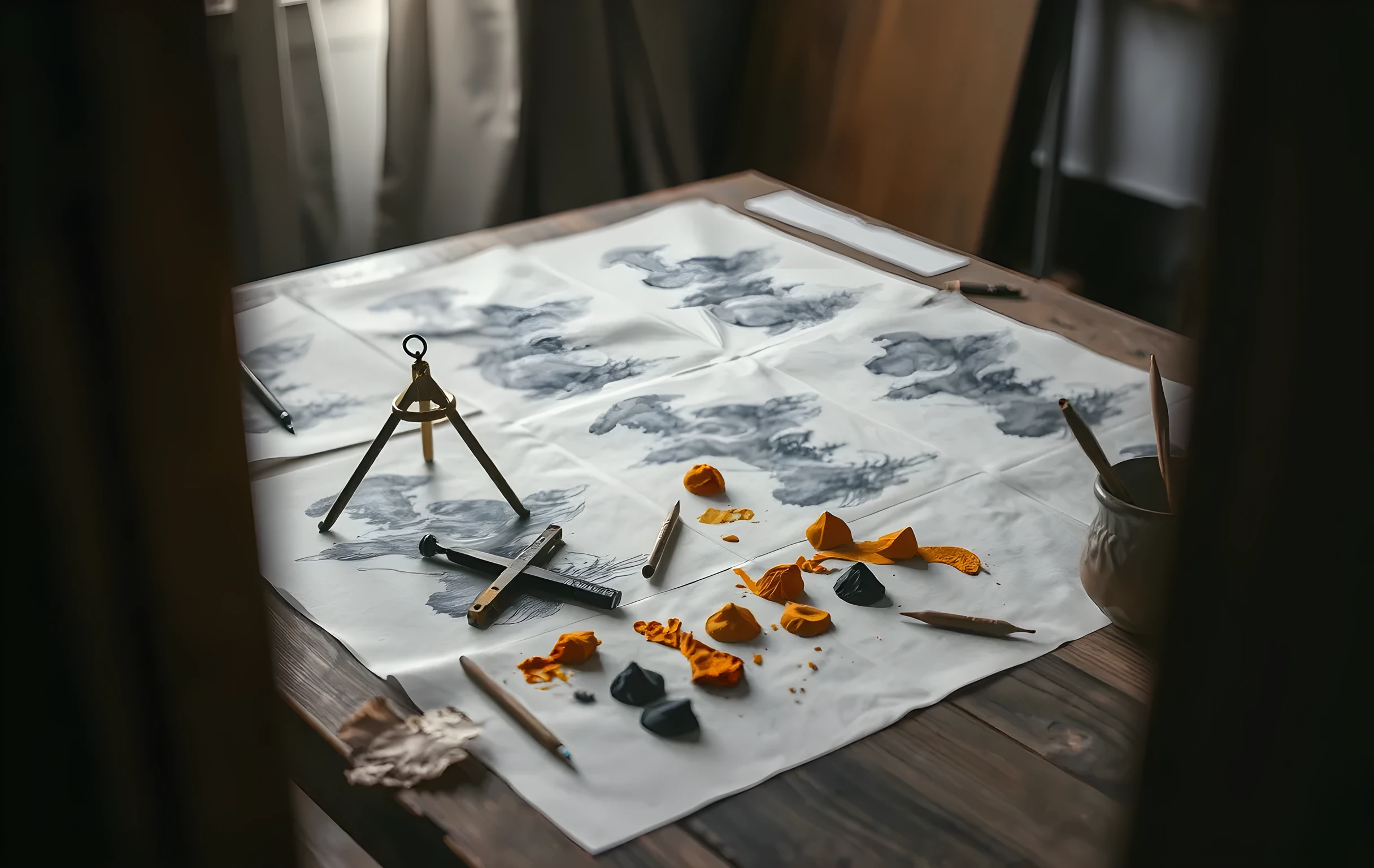 A worn wooden drafting table seen from a low three-quarter angle in a dim studio, its surface covered with translucent tracing paper bearing charcoal sketches of swirling wind and storm-cloud forms. Scattered among the papers are small cakes of dried pigment in ochre, umber, and cadmium yellow, a brass drafting compass with one leg splayed open, and a chipped ceramic cup holding three worn charcoal sticks. Warm tungsten light from off-frame left rakes across the surface, casting long soft shadows and catching the grain of the wood