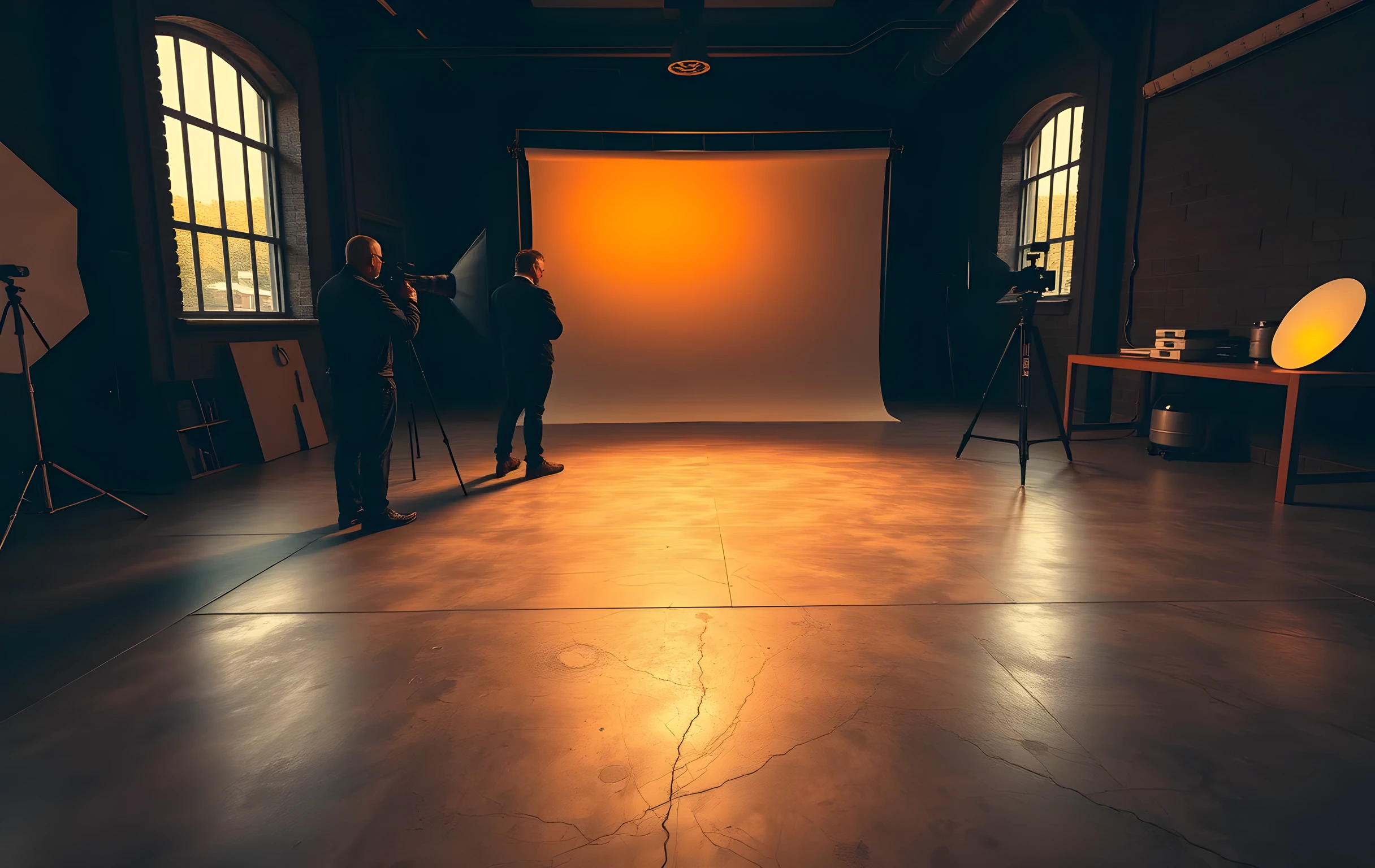 A wide interior shot of a large photography studio at golden hour: a photographer stands at medium distance adjusting a tall light stand beside a seamless paper backdrop, a camera on a tripod faces them from the opposite end of the room, warm tungsten glow mixed with cool window light creates long soft shadows across a polished concrete floor, lens boxes and a reflector disc rest on a low shelf along the back wall