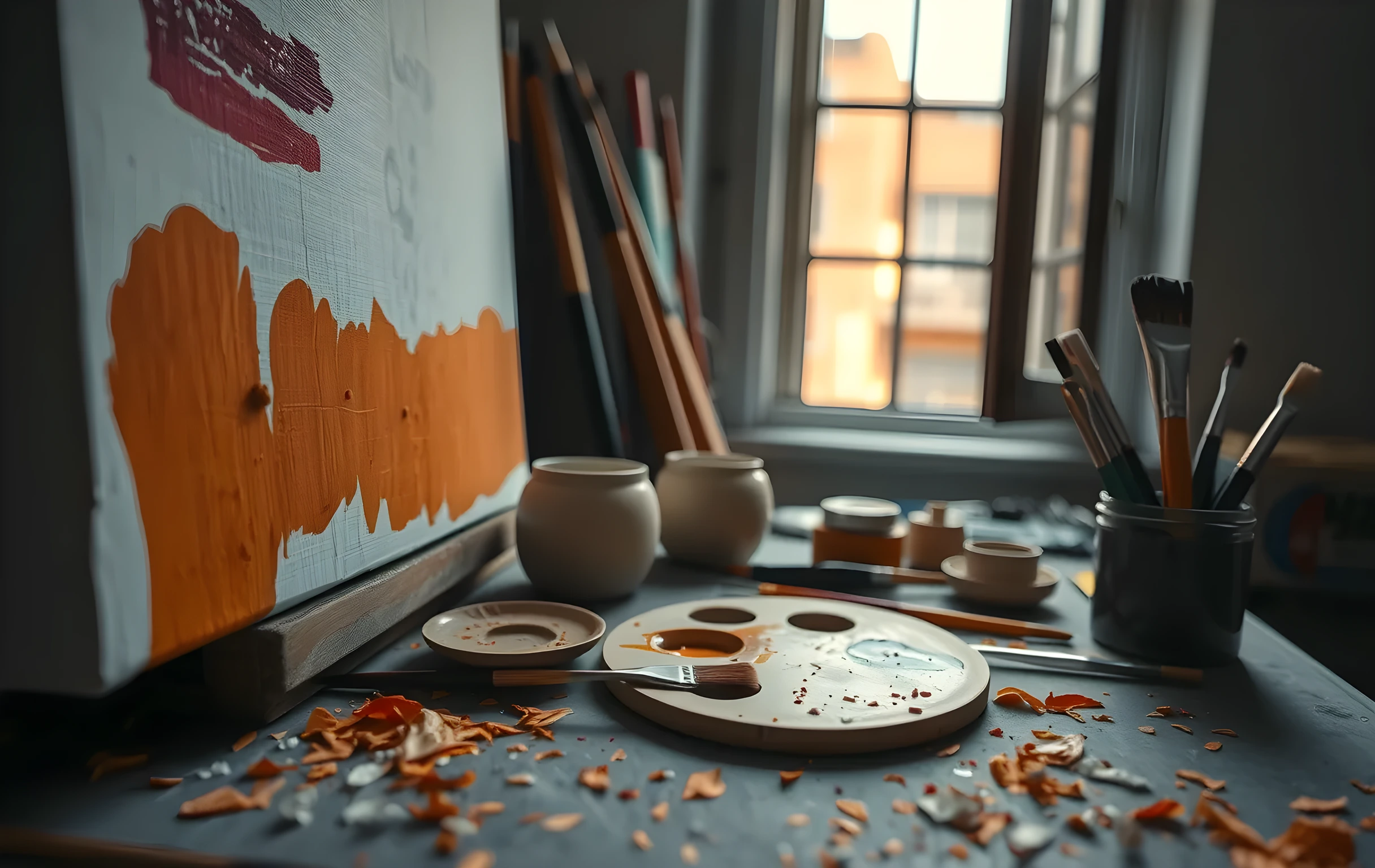 A close detail view of a painter's workbench seen from a slight angle: a half-finished canvas leans against the wall showing visible wet brushstrokes in ochre and cadmium red, a wooden palette holds squeezed tubes of pigment with paint mixed into thick ridges, ceramic jars hold brushes of varying sizes, a single pane of window light rakes across the surface catching the texture of dried paint flakes on the tabletop