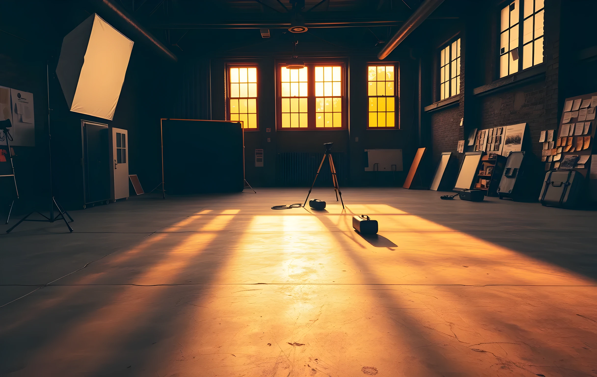 A wide-angle view of a large photography studio at golden hour: two softbox light stands with diffusion panels casting warm geometric shadows across a concrete floor, a wooden backdrop stand holding a deep indigo paper roll, scattered lens cases and a tripod in the mid-ground, tall industrial windows letting in long amber shafts of light, the far wall covered in pinned contact sheets and color swatches, no people visible, the space feels lived-in and active