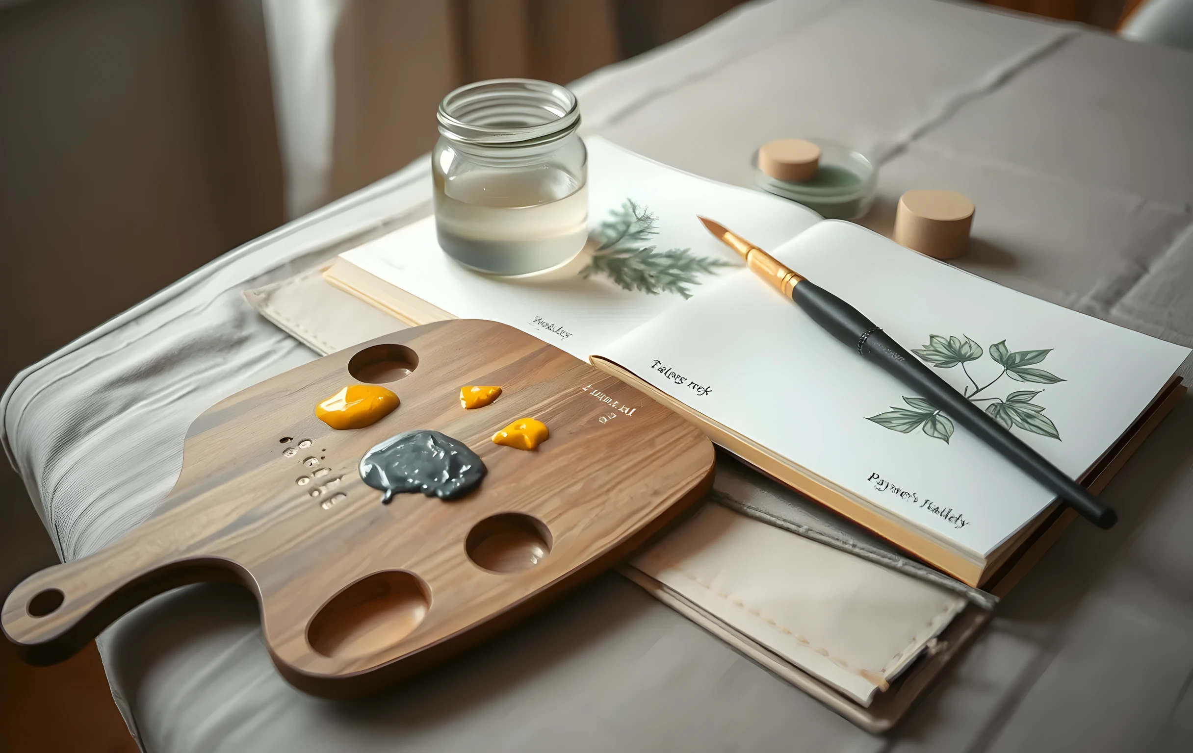 A close detail shot of a watercolor artist's wooden palette resting on a linen-covered table beside an open sketchbook filled with half-finished botanical studies, small dabs of cadmium yellow and Payne's grey pigment still wet on the palette surface, a worn sable brush laid diagonally across the page, a glass jar of diluted wash catching soft window light from the left, shallow depth of field blurring the background into warm neutral tones