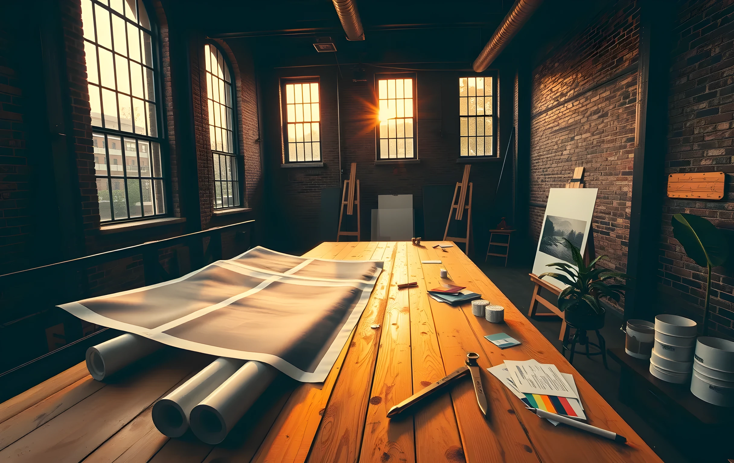 A spacious creative studio bathed in warm golden-hour light streaming through tall industrial windows, large format printed artwork taped across an exposed brick wall, a long wooden workbench holding rolled poster proofs, a brass drafting compass, and scattered pigment swatches, two canvas easels visible in the background near a potted monstera, wide-angle composition emphasizing depth and the scale of the space