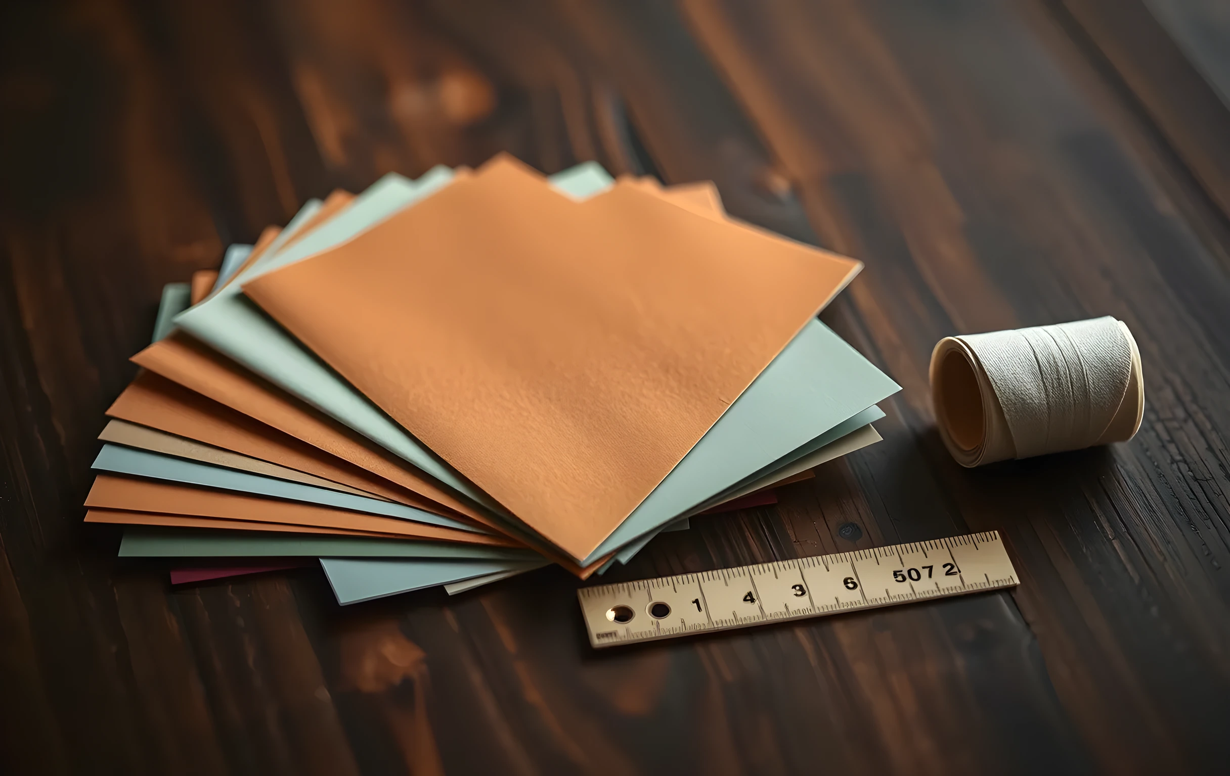A tight tabletop arrangement on a dark walnut surface: a fanned spread of thick cotton color swatch cards in muted terracotta, sage, and slate tones, a coiled roll of unbleached paper stock beside a small brass ruler, soft directional side-light casting long gentle shadows across the textured wood grain, shallow depth of field with the background falling into warm bokeh