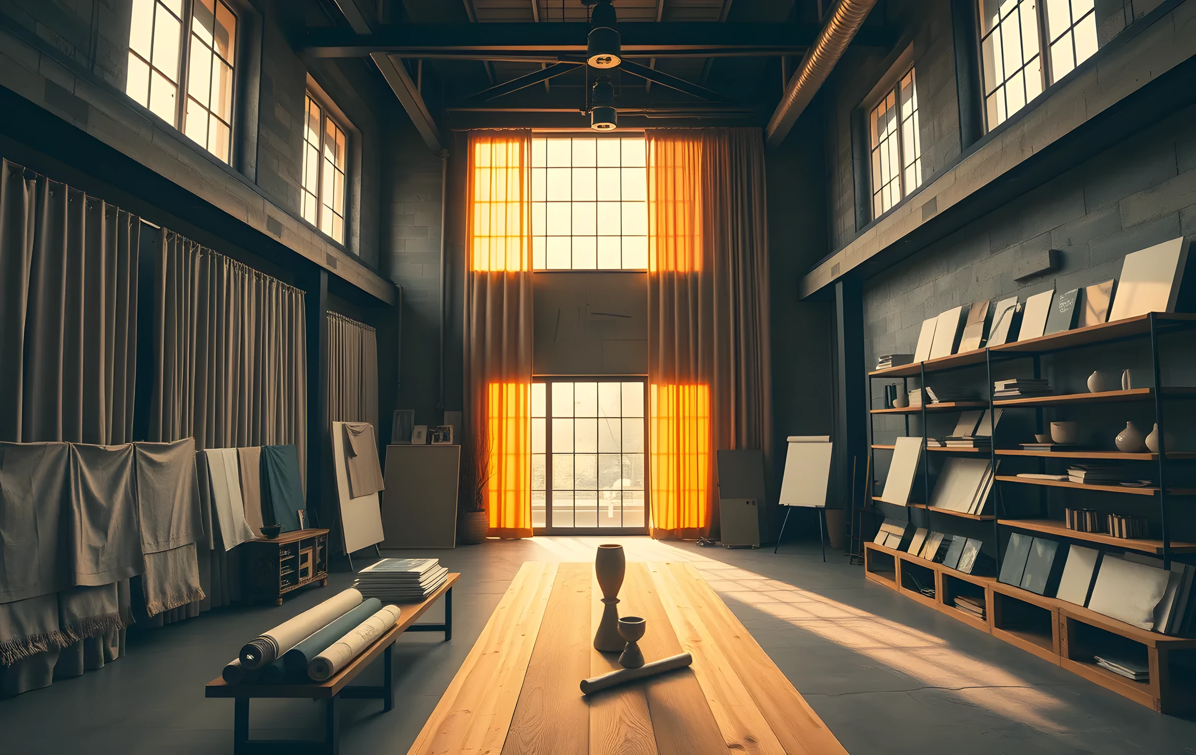 A spacious interior design studio bathed in warm golden afternoon light streaming through tall industrial windows, with full-scale room mockups draped in undyed linen curtains, large fabric swatches pinned in neat rows across exposed concrete walls, low oak shelving stacked with material sample books and ceramic vases, and a long worktable holding rolled paper tubes and small brass hardware pieces. The space stretches deep into frame showing the full working environment, no people visible