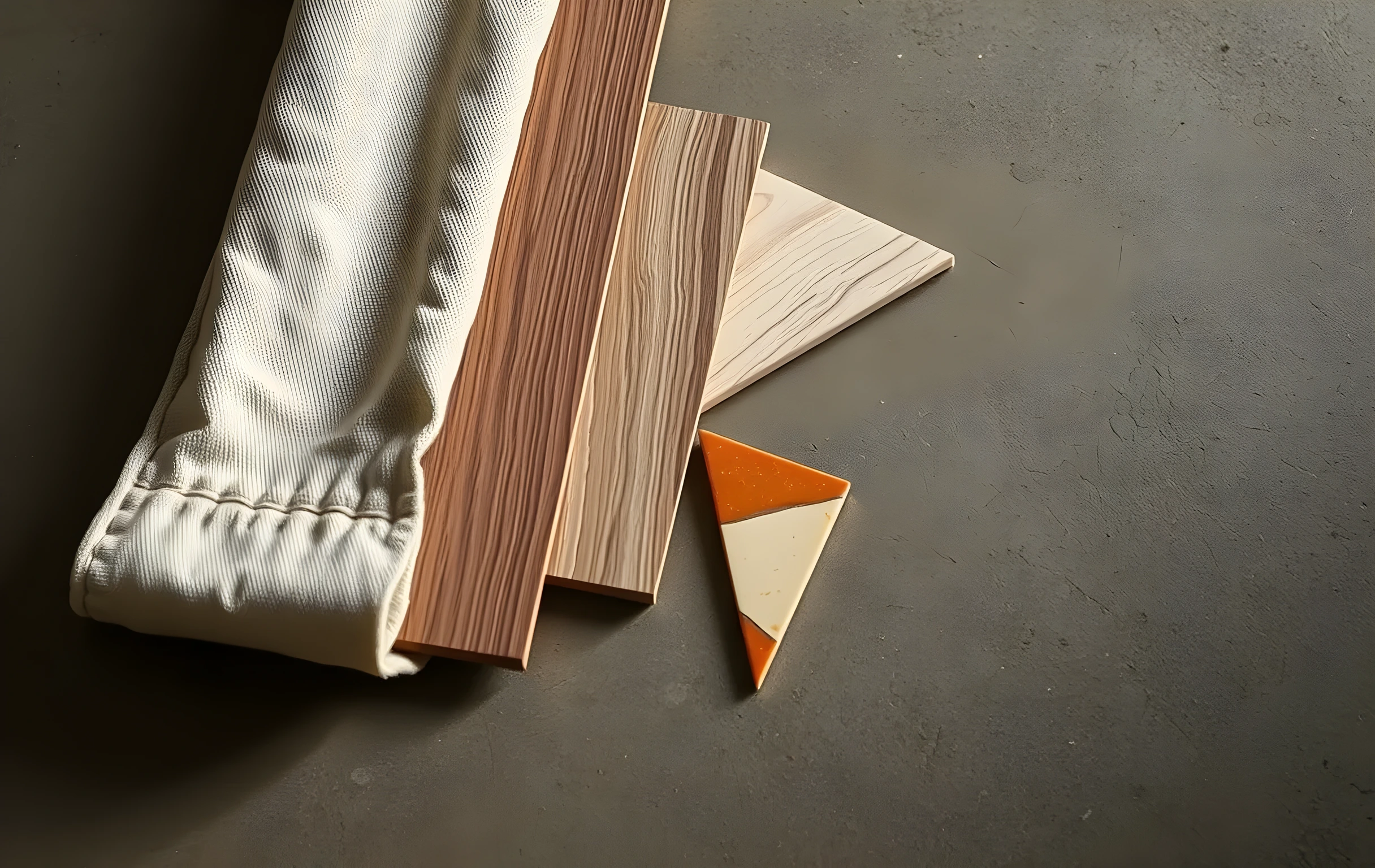 A tight close arrangement of natural material samples resting on a raw honed-concrete surface: folded strips of undyed linen with visible weave texture, thin slices of white oak veneer fanned in an arc, small ceramic tile shards in muted terracotta and cream, and a single brushed-brass cabinet pull lying at an angle. Soft directional light from the left casts long warm shadows across every texture, the background falls into soft dark shadow beyond the immediate surface
