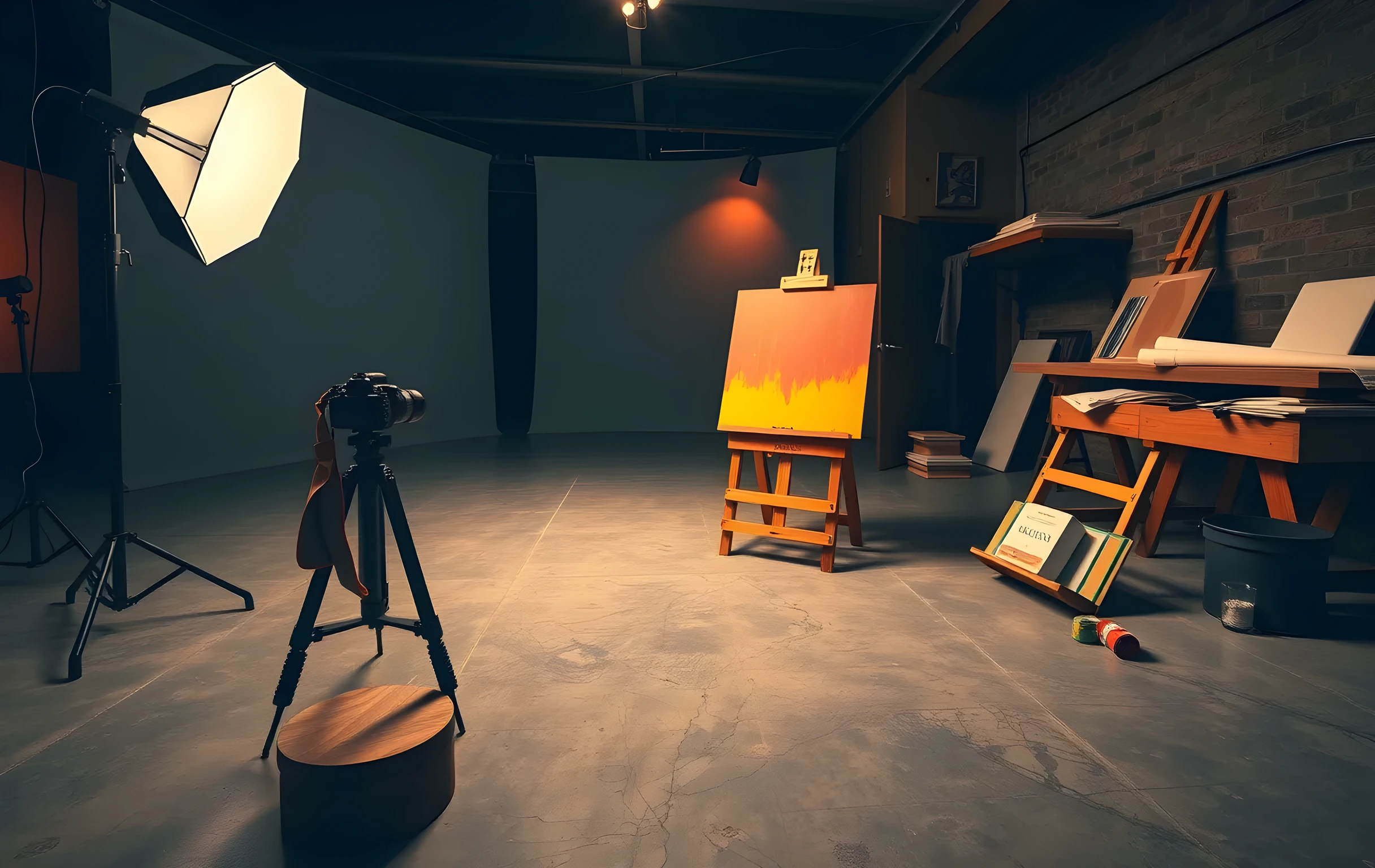 A wide-angle view of a large photography studio at golden hour: a tall softbox light stand angled toward a seamless grey backdrop, a tripod-mounted medium-format camera on a low wooden stool in the foreground, an easel in the far corner holding a half-finished oil painting with visible thick brushstrokes of burnt sienna and cadmium yellow, rolled canvases leaning against the wall, small glass jars of pigment scattered on a workbench, warm directional light cutting across the concrete floor, the room slightly cluttered and lived-in, no people visible