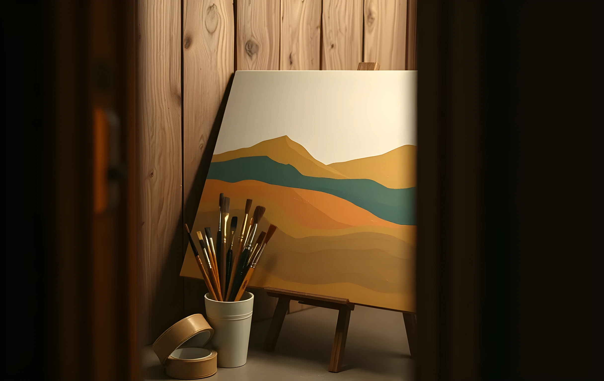 A tight close-up of a matte painting board propped at an angle against a weathered plywood set wall: a gouache landscape showing layered hills in muted umber and sage green with a small pale sky, beside it a row of wooden-handled brushes in a ceramic cup, a spool of gaffer tape, and the edge of a vintage 16mm film projector body catching warm tungsten practical light from off-frame, deep amber shadows pooling in the corners, shallow depth of field softening the background into a warm bokeh glow