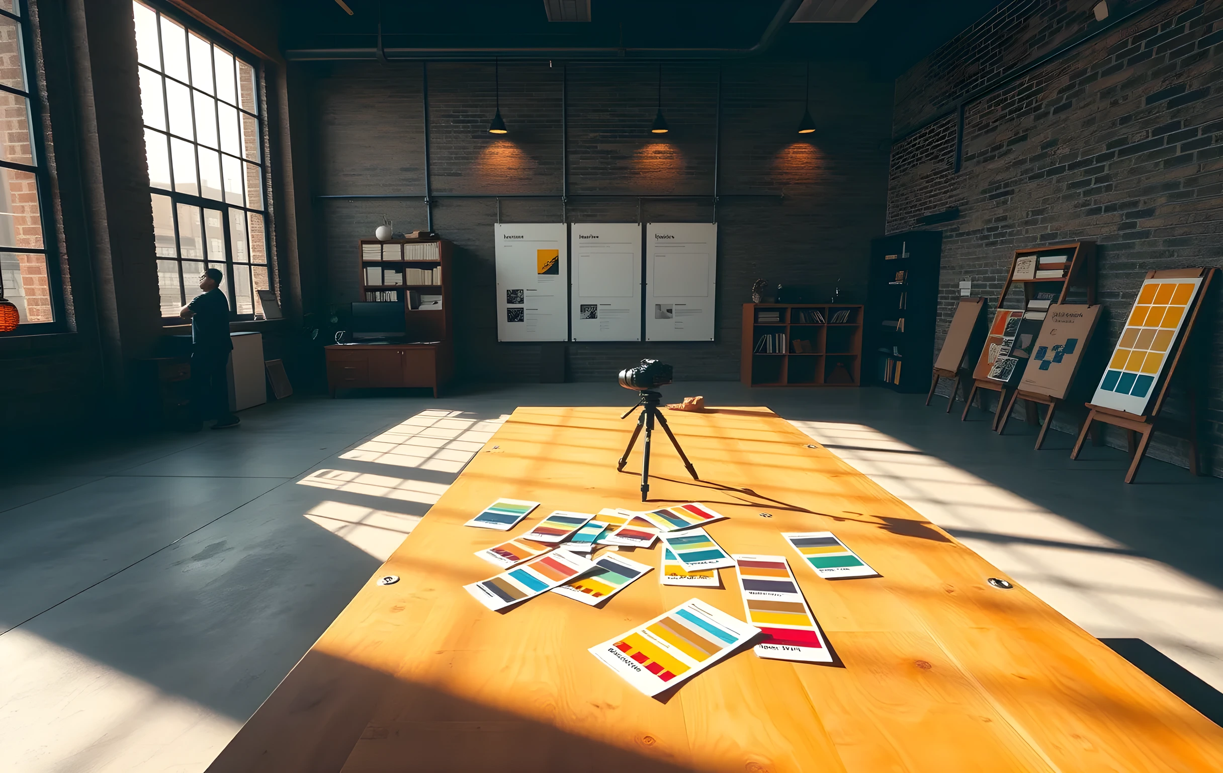 A wide sunlit design studio with tall industrial windows casting long afternoon shadows across a concrete floor, three large-format printed website wireframe mockups pinned to an exposed brick wall, scattered Pantone color chips and pigment swatches spread across a broad wooden drafting table in the foreground, a single camera mounted on a tall light stand aimed at one of the prints, warm golden light flooding from the left, one small human figure visible far in the background near a shelving unit, no readable text anywhere, the scene feels lived-in and creative