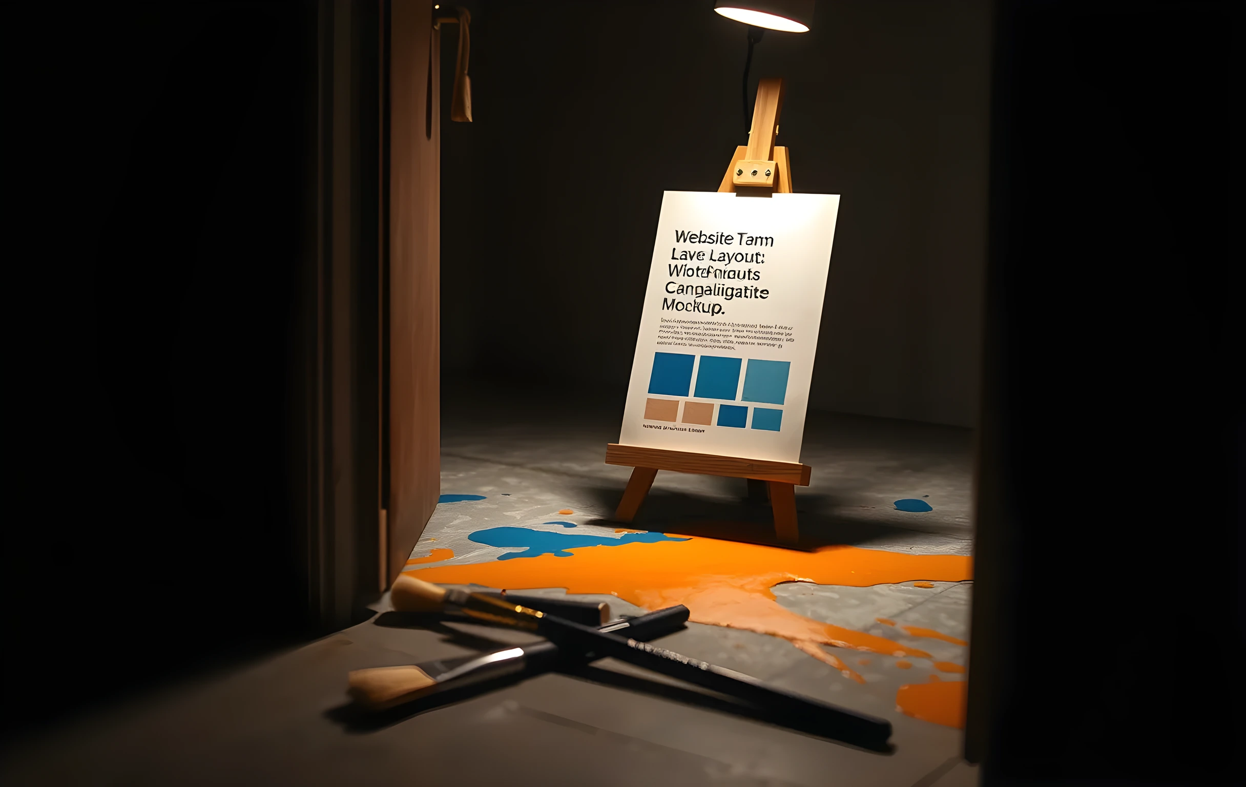 A tight detail shot of a single printed website layout mockup propped upright against a small wooden easel in a dim studio corner, the paper showing only abstract rectangular blocks and line shapes with no legible words, surrounded on the concrete floor by broad smears of ochre and ultramarine pigment, a halogen work light overhead casting a tight warm pool around the print while the rest of the space falls into deep amber shadow, a few dried paintbrushes lying in the foreground with splayed bristles, intimate and tactile, no faces, no text