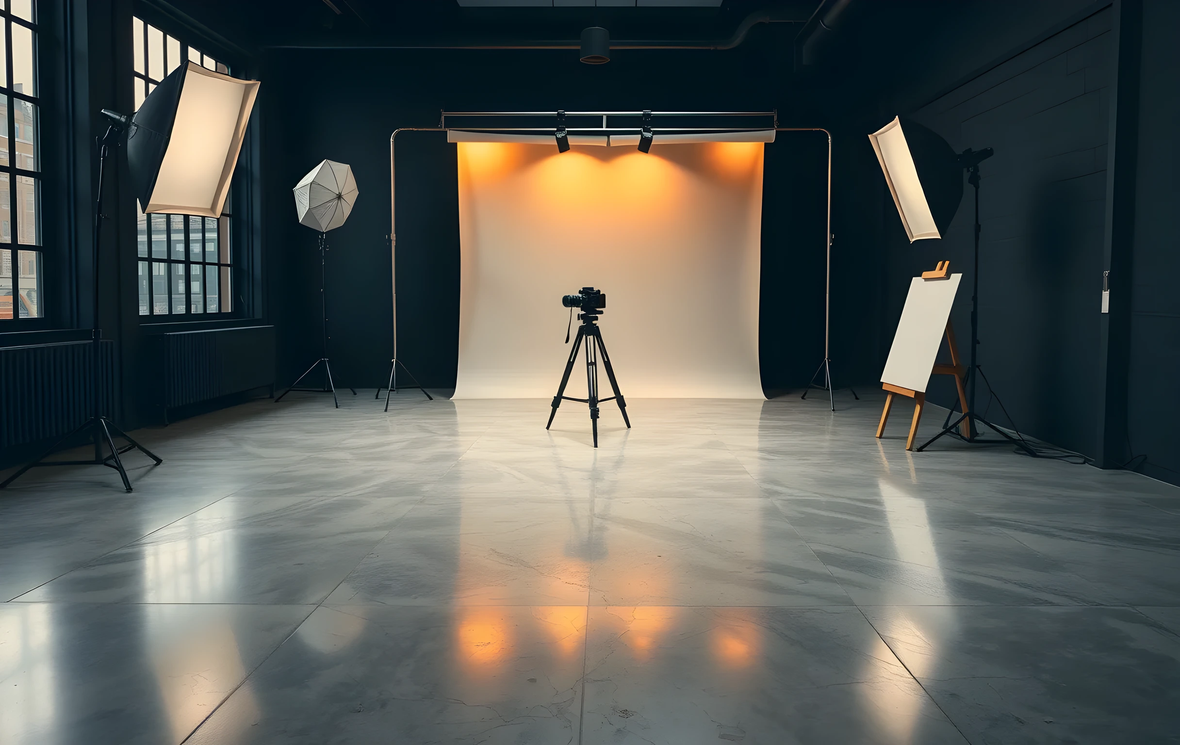 A wide-angle view across a large photography studio bathed in soft overcast window light, three tall light stands with rectangular softboxes arranged around a seamless paper backdrop, a medium-format camera on a wooden tripod in the center foreground, and two rolled-up prints leaning against the far wall next to a small easel holding a contact sheet. The floor is polished concrete with scattered cable clips. No people visible