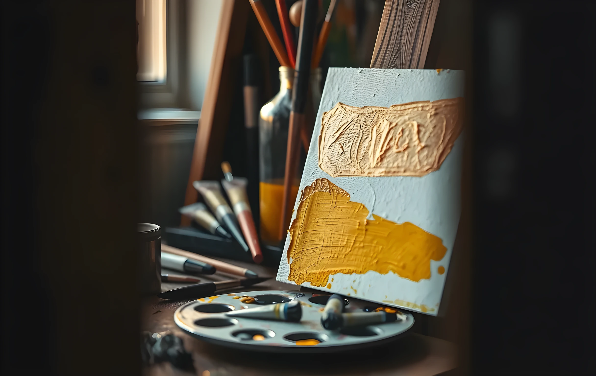 A close detail of an artist's palette resting on a cluttered workbench beside a half-finished oil painting on a small canvas, thick impasto strokes of cadmium yellow and raw umber catching warm afternoon light from the left, several squeezed paint tubes and a worn palette knife tucked behind the canvas, a jar of turpentine with dried brush bristles in the background. No hands, no faces, no text