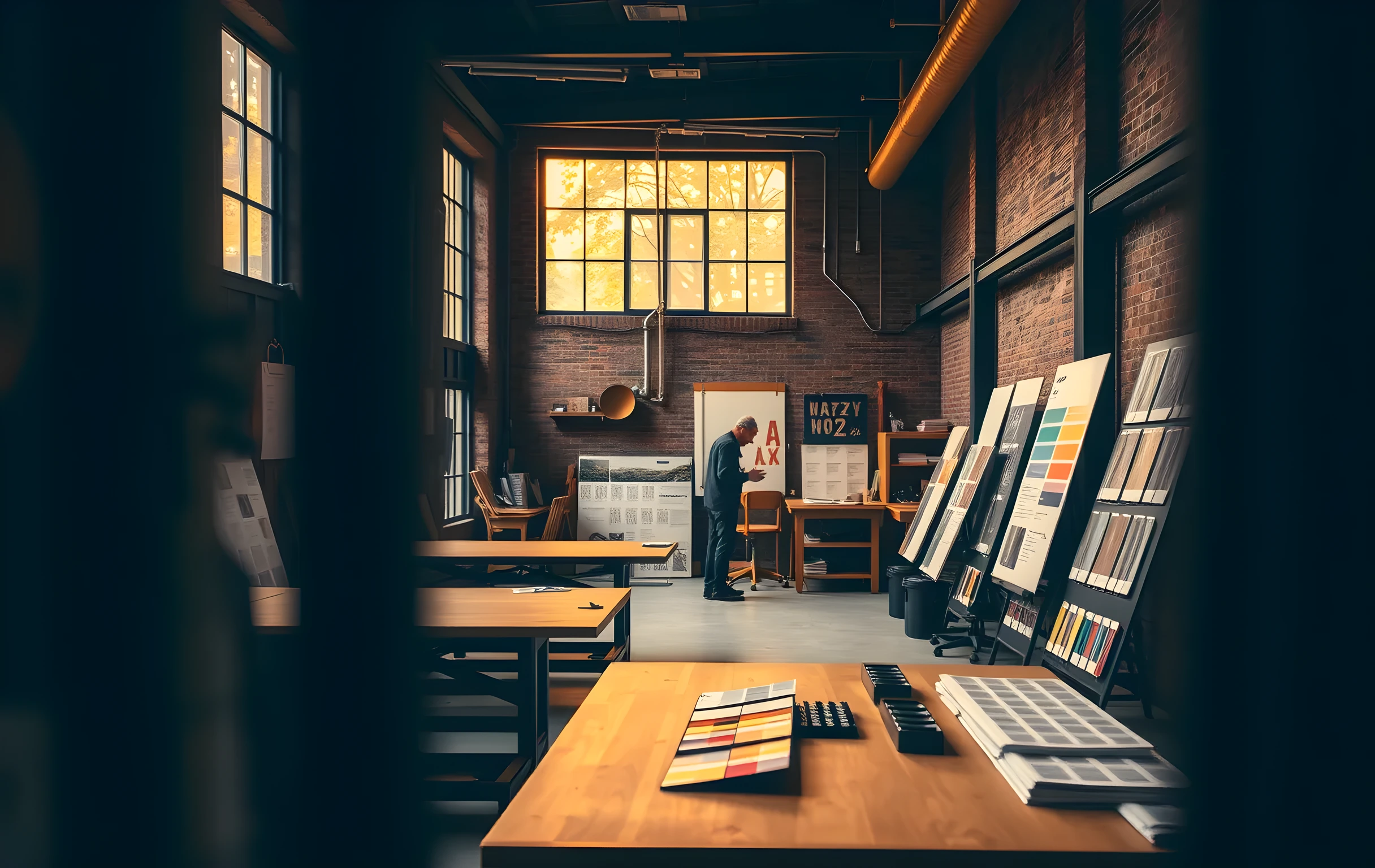 A spacious graphic design studio with tall wooden drafting tables covered in pinned color swatch cards and large-format printed posters leaning against exposed brick walls, warm late-afternoon light streaming through industrial steel-framed windows, a single creator figure visible at far distance near a workbench arranging physical type specimens and ink samples