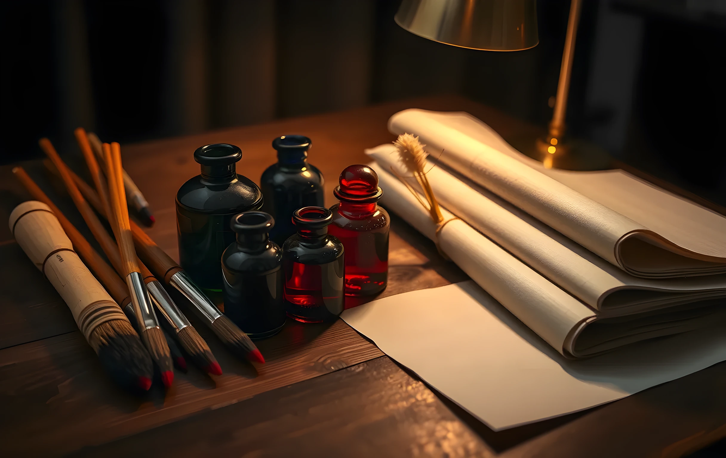 A cluster of glass ink bottles in deep indigo and vermillion, bamboo-handled brushes with worn tips, and rolled sheets of heavy cotton paper arranged on a dark walnut tabletop, soft directional light from a single overhead brass lamp casting long warm shadows across the wood grain and pooling around the glass