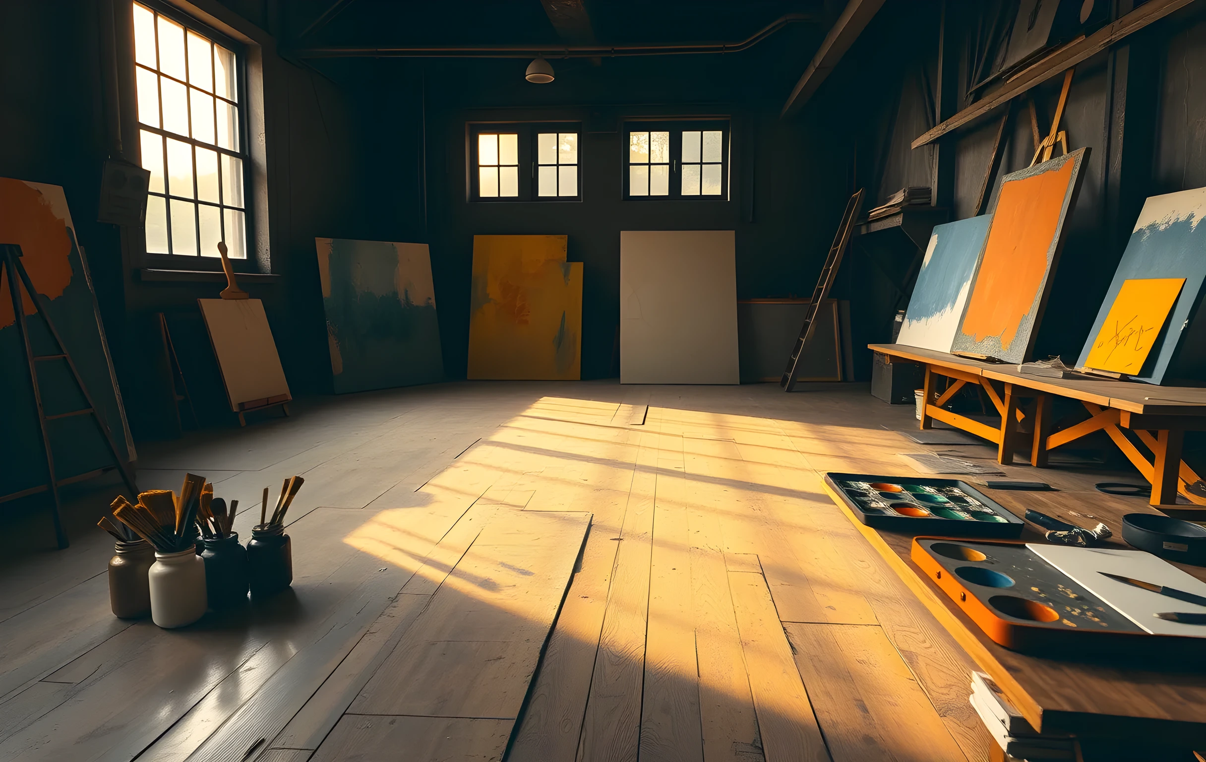 A wide view of a large painter's studio in late afternoon, golden light streaming through two tall industrial windows onto a worn wooden floor stained with years of cadmium yellow and ultramarine. Five or six canvases lean against the far wall at various stages, some covered in thick impasto strokes of ochre and sienna. A long workbench holds clusters of loaded brushes in ceramic jars, open tubes of pigment, and a half-mixed palette. The room feels lived-in and active, with no people visible, just the quiet evidence of hours spent working