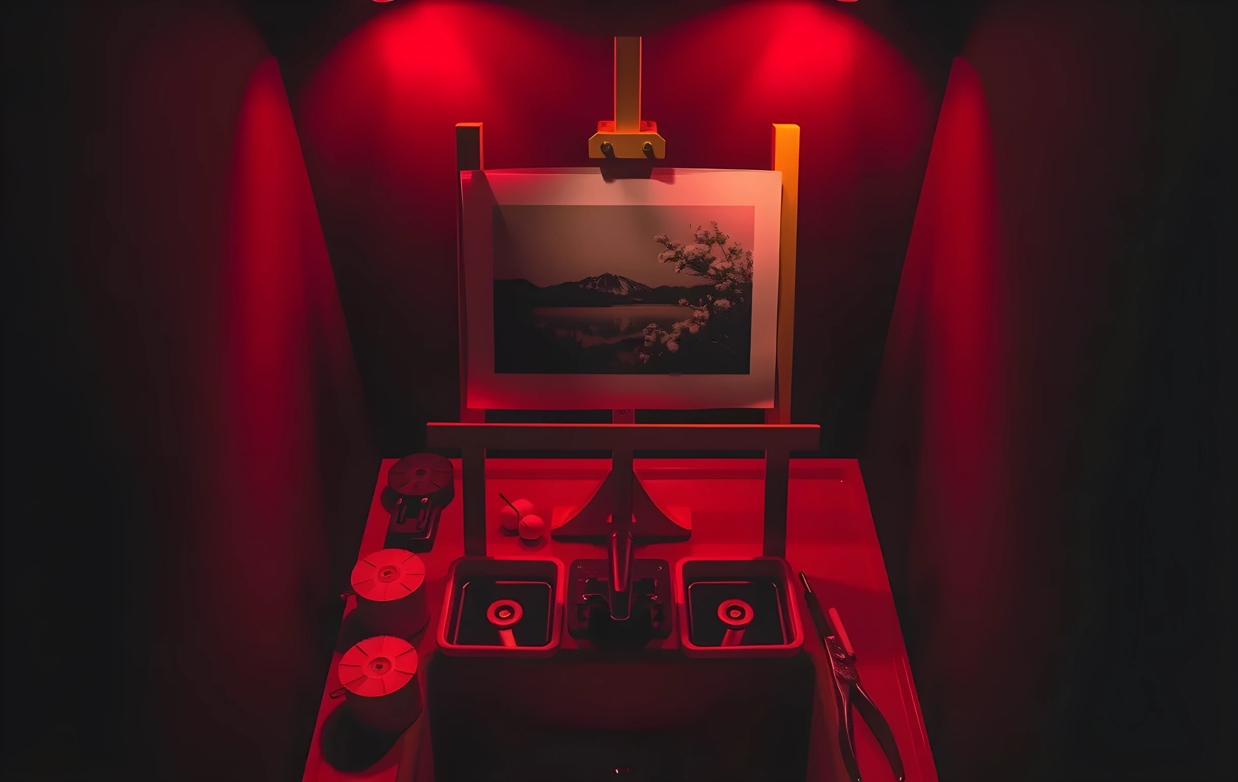 A tight close view inside a small photographer's darkroom bathed entirely in deep red safelight. A wooden printing easel holds a black-and-white contact print mid-development, the silver gelatin surface glistening with fixer solution. Below it, three shallow trays catch the red glow, their liquid surfaces slightly rippled. A row of cotton reels and a pair of tongs rest on the edge of the sink. The surrounding walls are painted matte black to absorb stray light, and the only illumination is the warm red wash over the paper and chemicals
